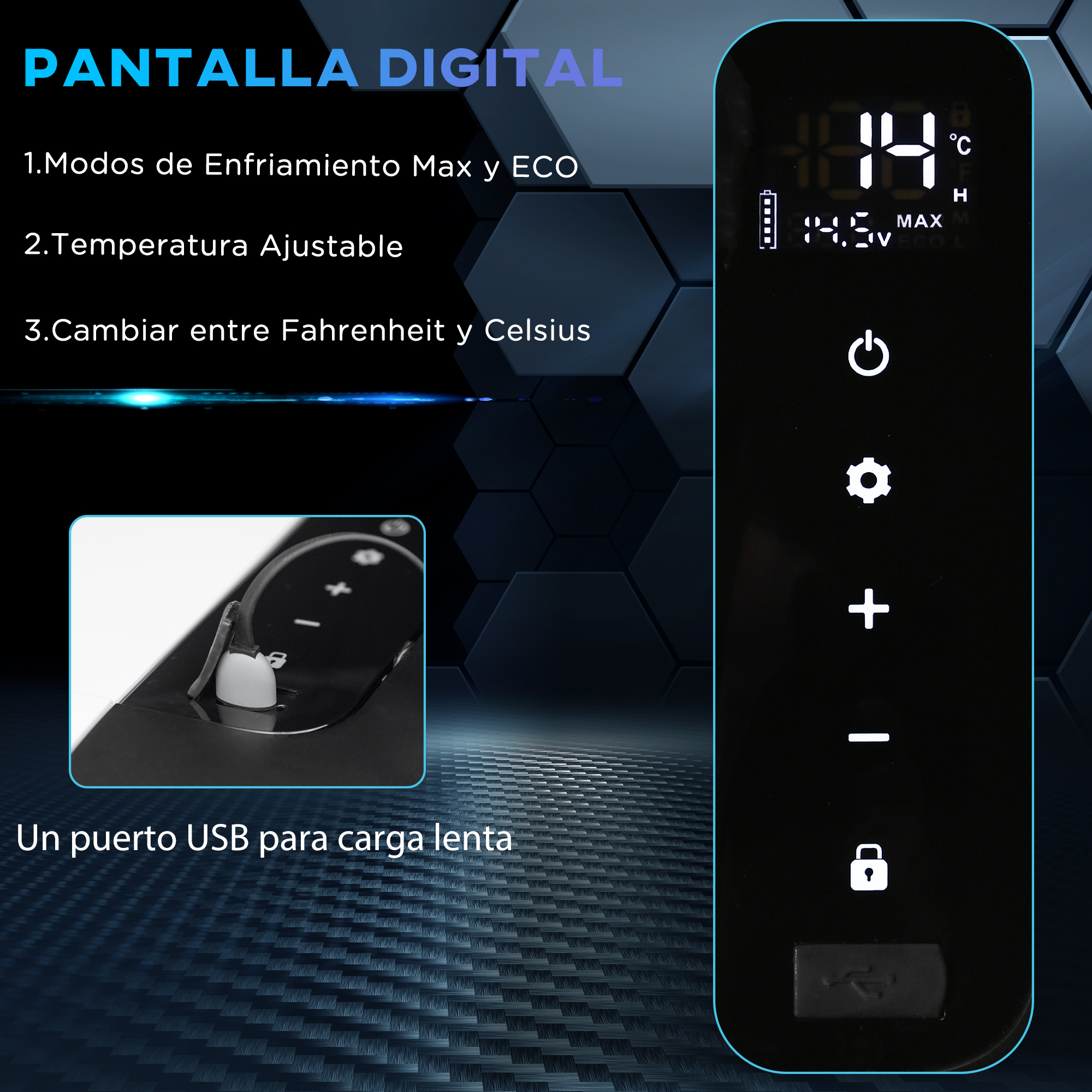 Un panel de control digital con una pantalla y botones, y un puerto USB debajo.