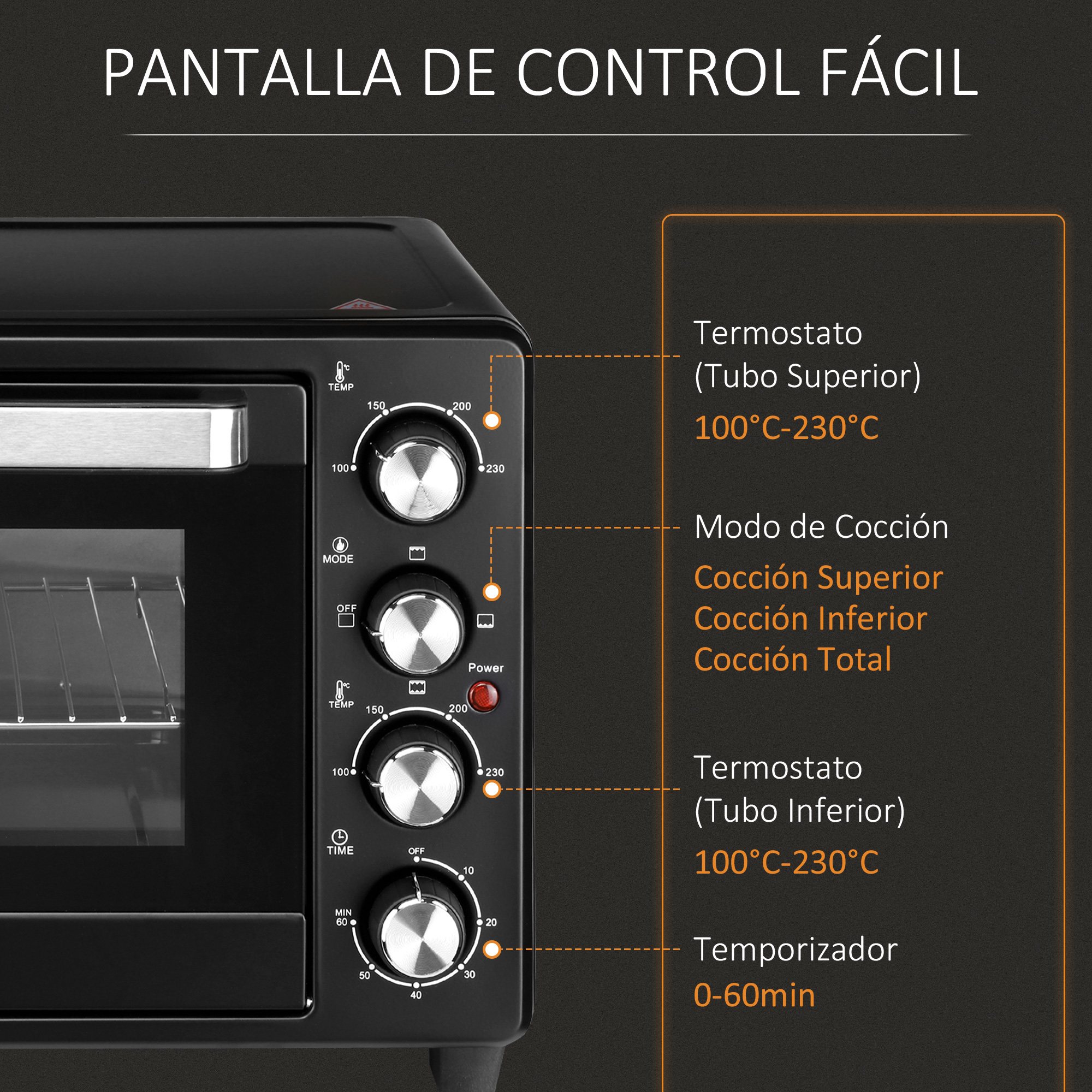 Panel de control de horno negro con ajustes de temperatura, modo y temporizador.