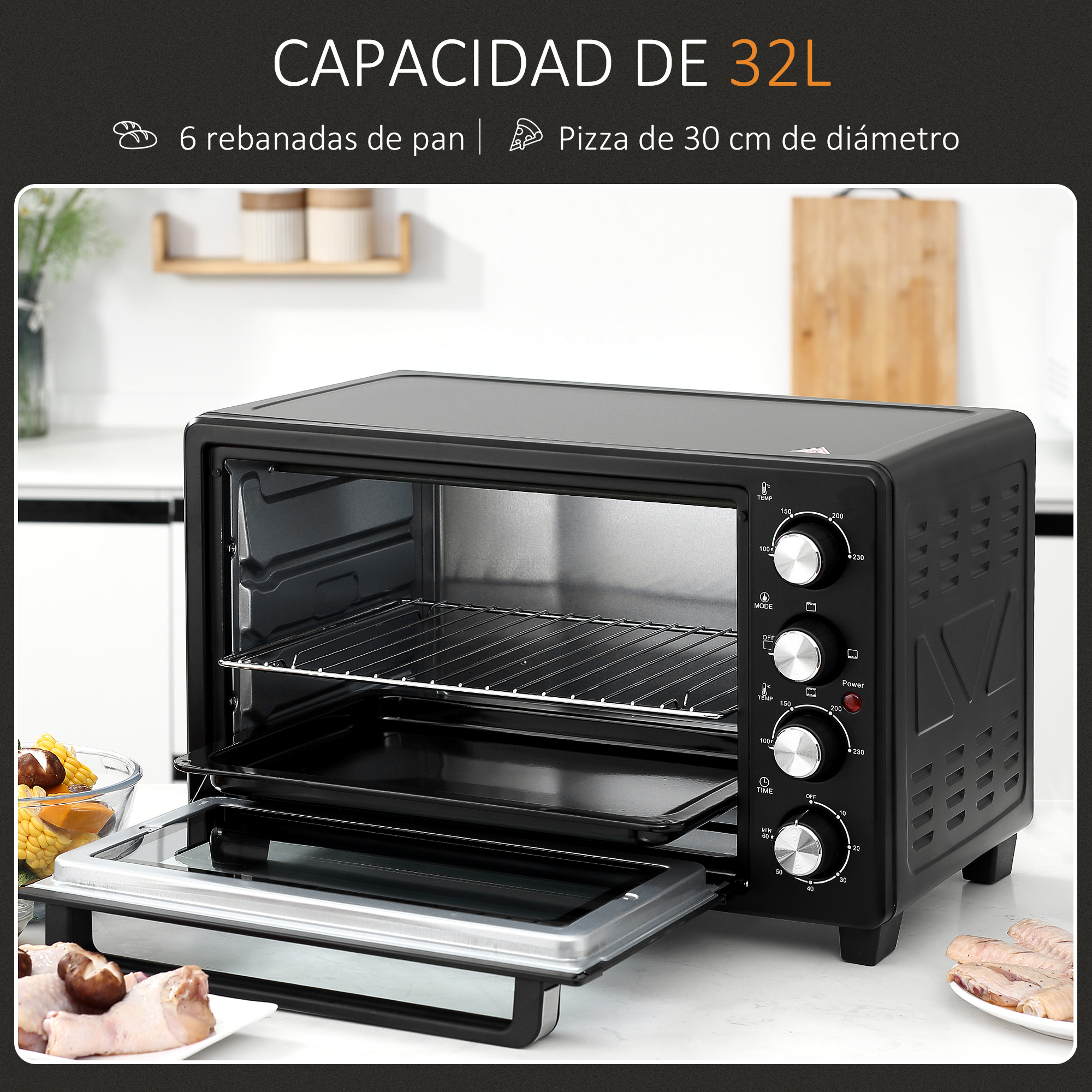 Un horno tostador negro con la puerta abierta, que muestra el interior y los controles en el panel frontal.
