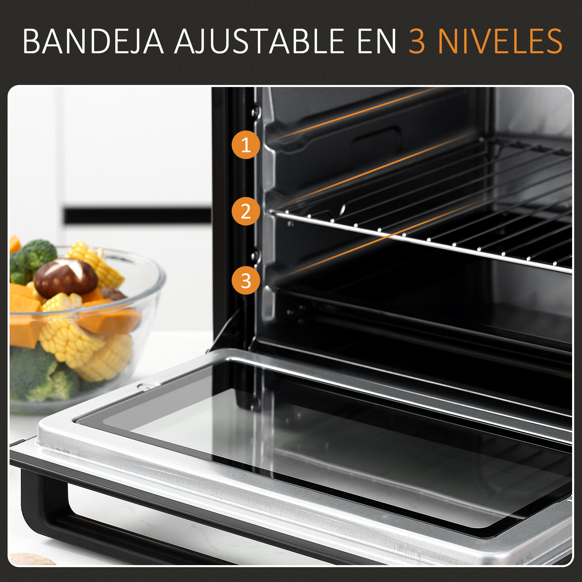 Horno abierto con 3 niveles y puerta de cristal, mostrando un cuenco de comida.