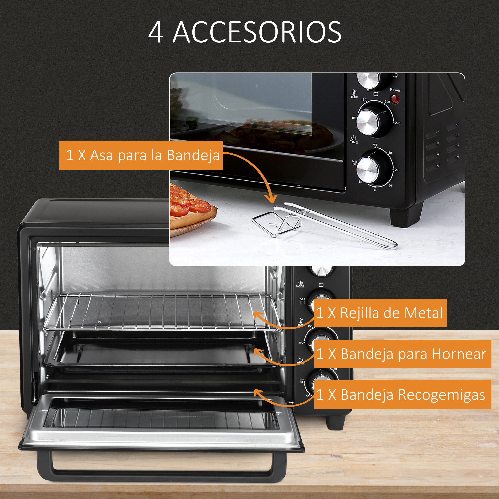 Horno negro con accesorios: asa de bandeja, rejilla metálica, bandeja para hornear y bandeja recogemigas. Textos en español.