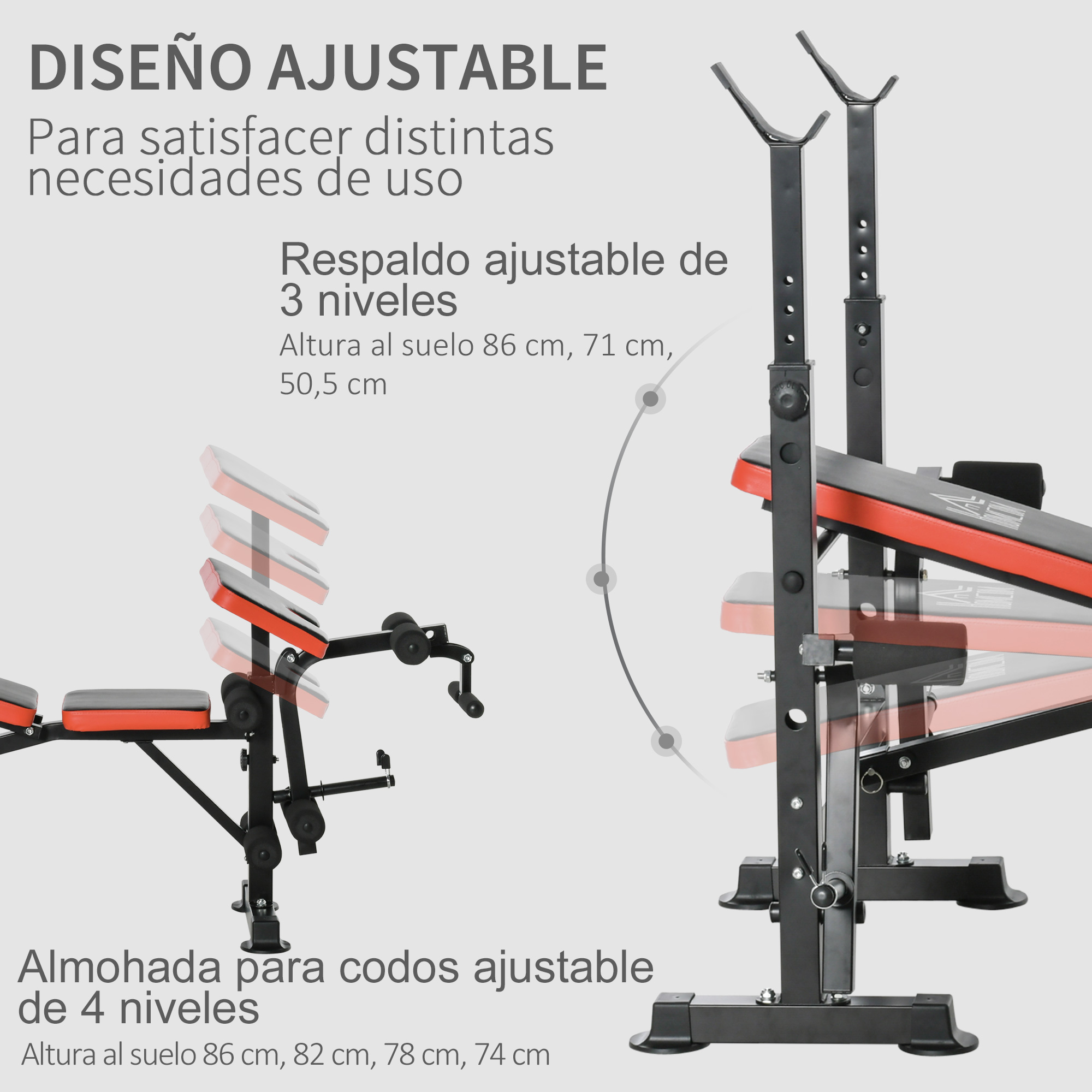Banco de pesas ajustable con respaldo de 3 niveles y soporte para codos de 4 niveles con dimensiones.