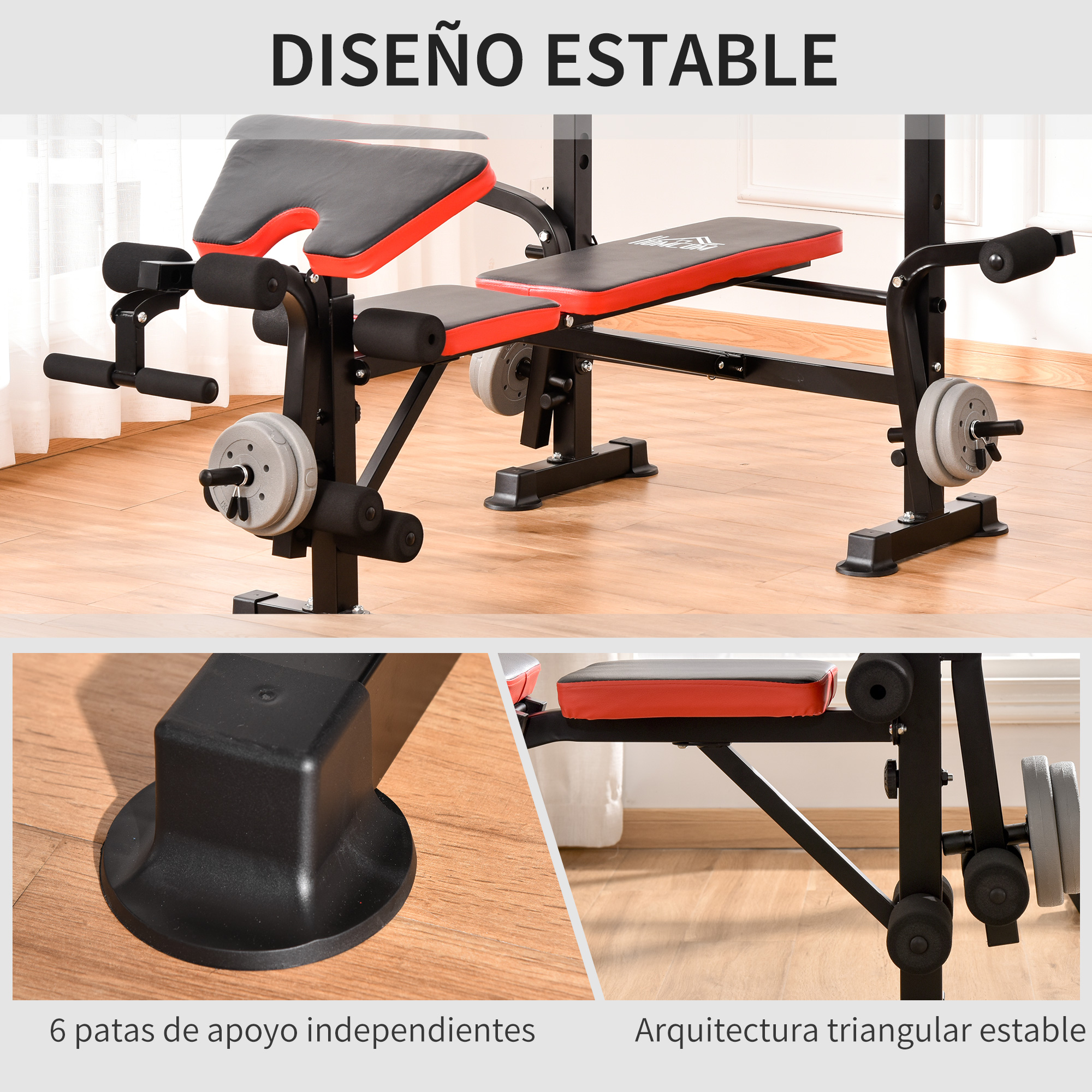 Un banco de pesas con asiento rojo. Incluye pesas y extensión de piernas. Diseño estable.