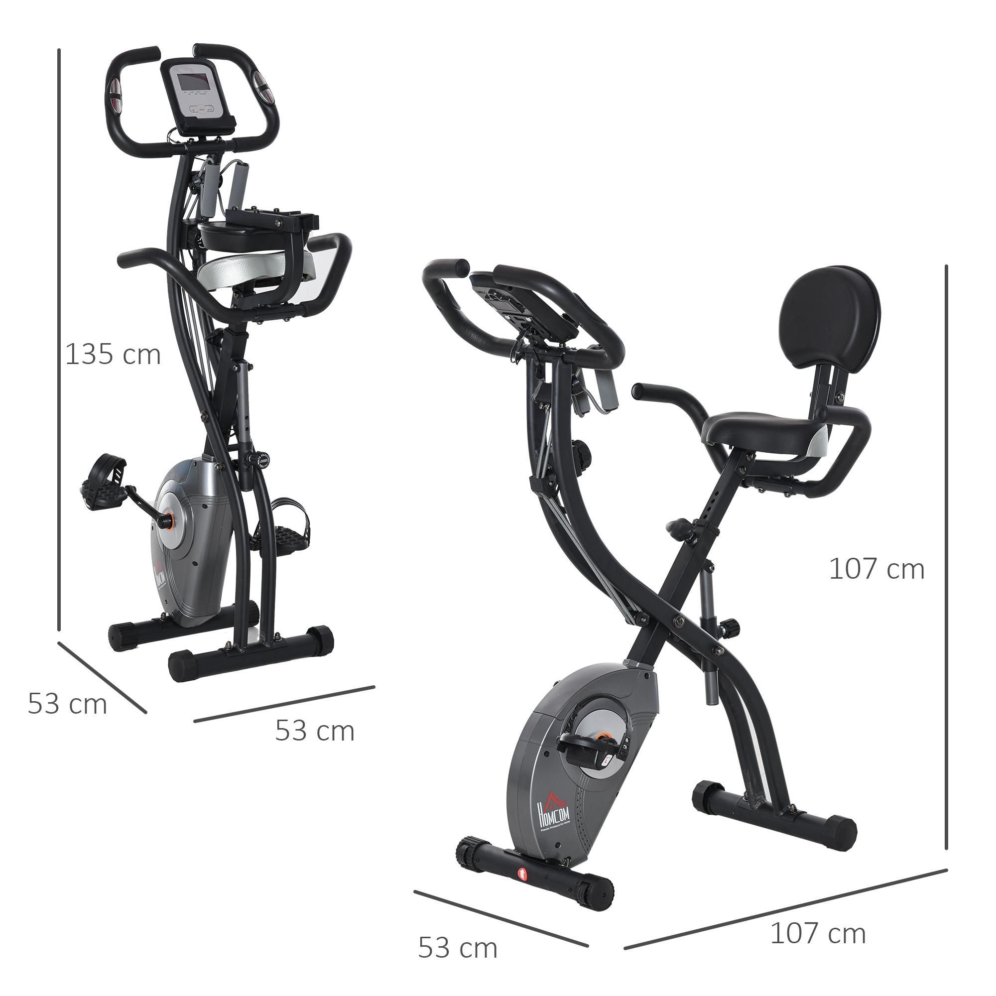 Dos bicicletas de ejercicio una al lado de la otra, una vertical y otra reclinada, con dimensiones etiquetadas en cm.