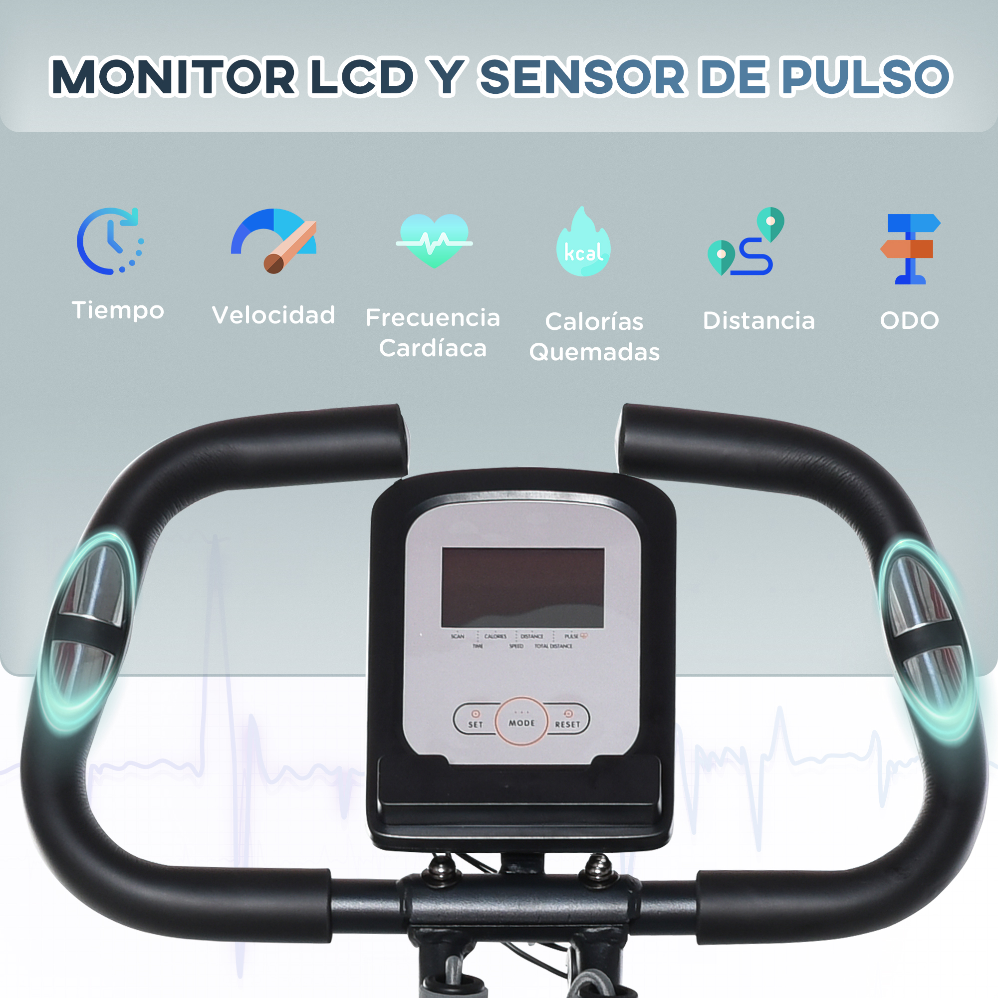 Monitor de bicicleta estática con LCD y sensor de pulso que muestra tiempo, velocidad, calorías, distancia.