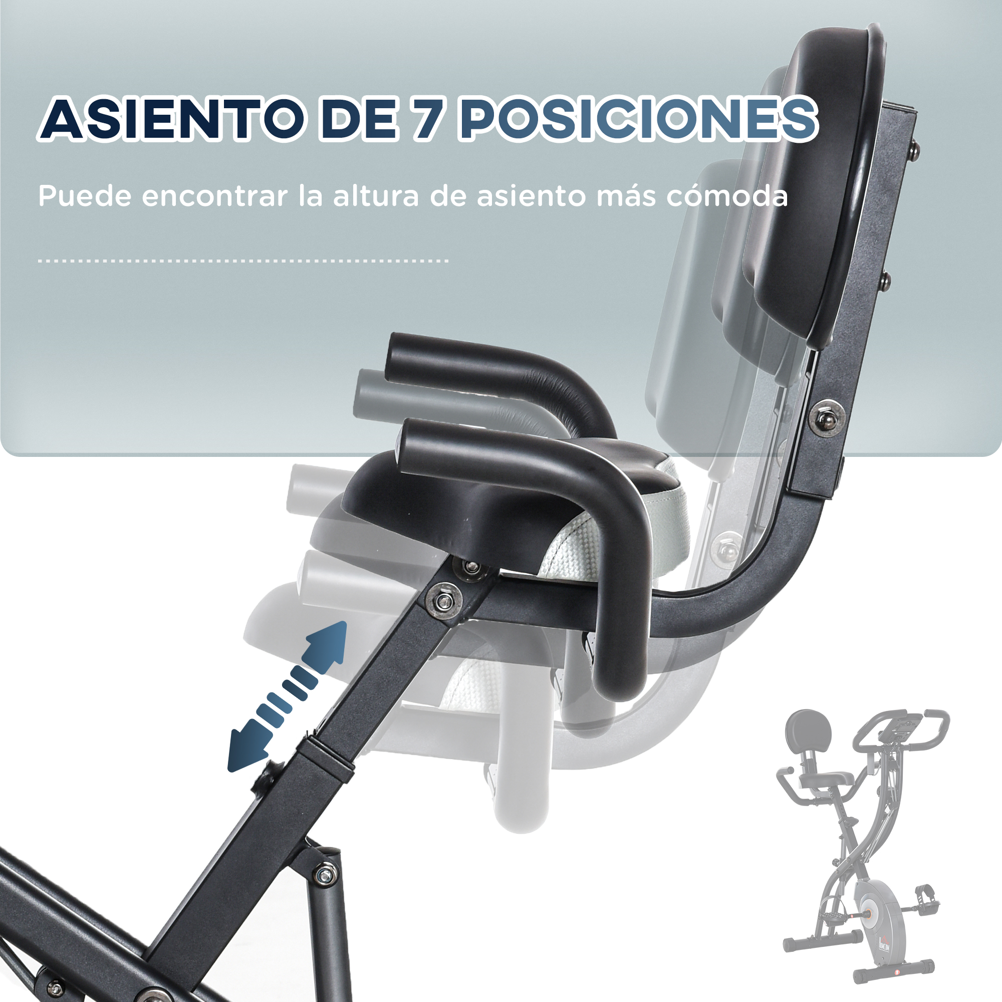 Bicicleta estática con asiento negro, mostrando 7 ajustes de posición. Texto: Asiento de 7 posiciones.