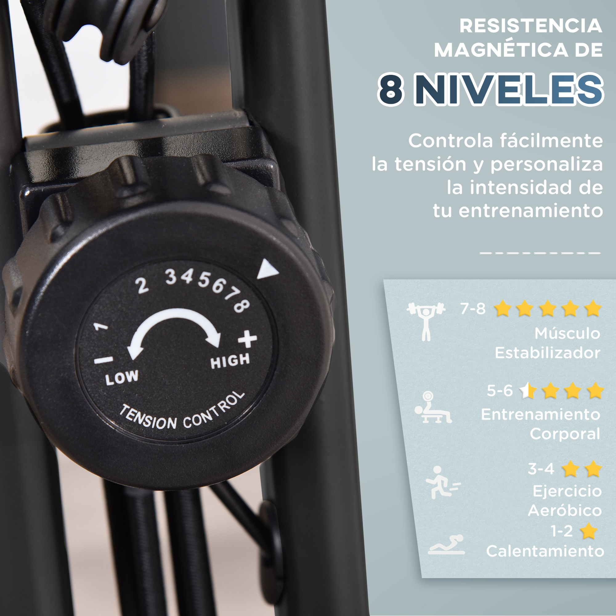 Primer plano de un dial negro con control de tensión, niveles de resistencia.