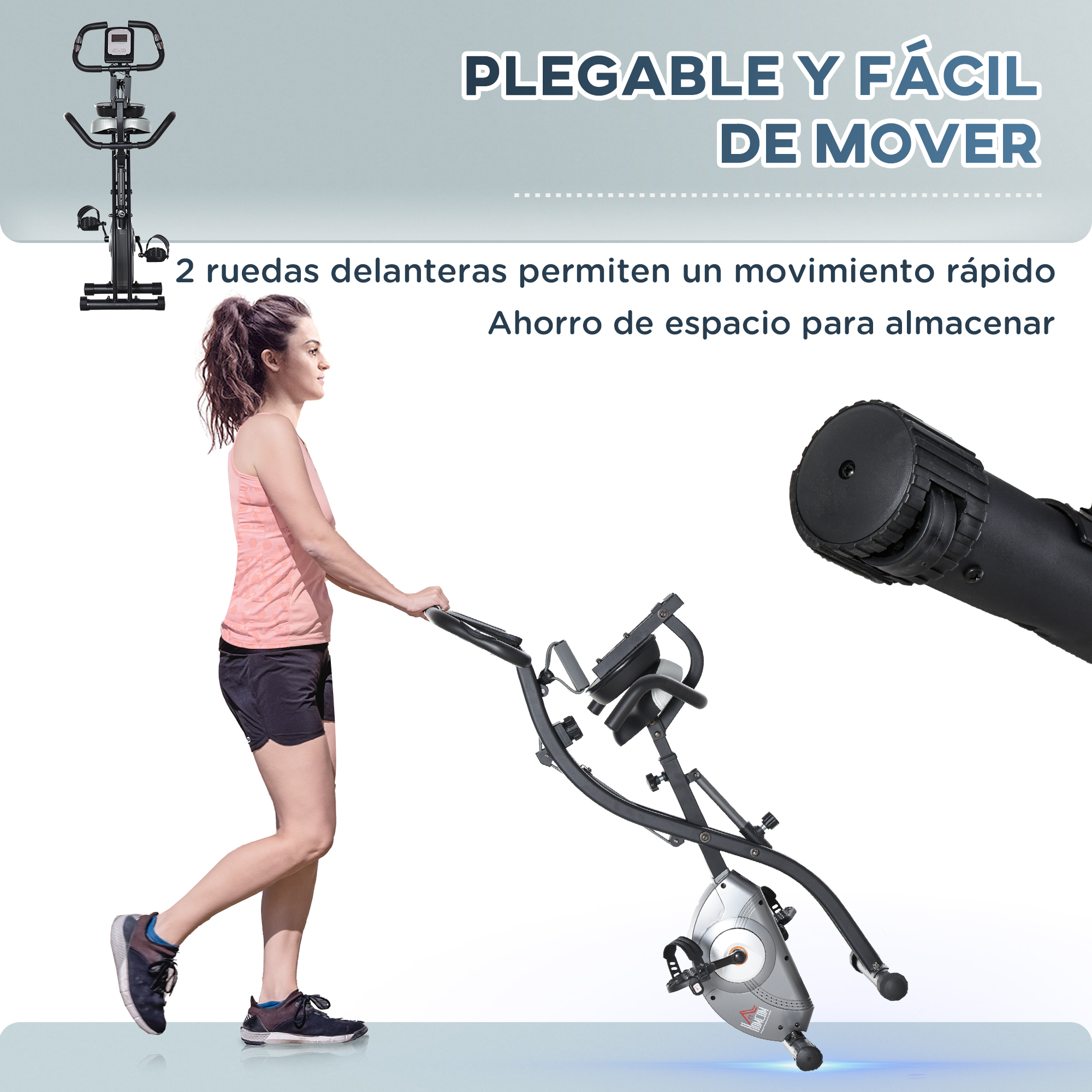 Una mujer doblando una bicicleta estática. Texto sobre plegado y movimiento.