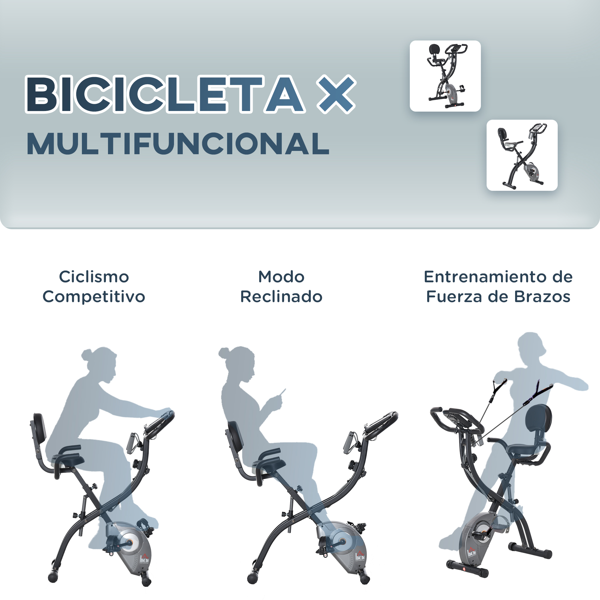 Bicicleta de ejercicios multifuncional que muestra ciclismo competitivo, modo reclinado y entrenamiento de fuerza de brazos.