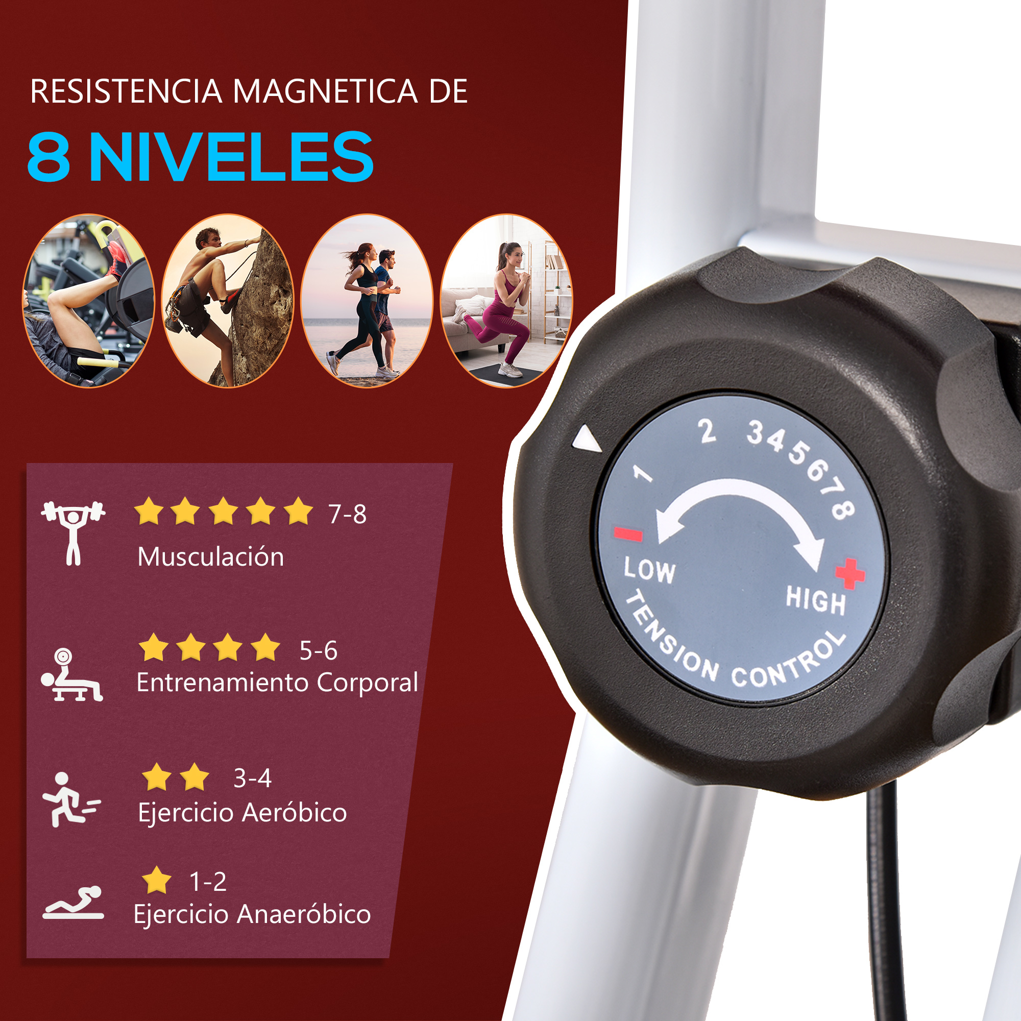 Dial con números 1-8, mostrando niveles de entrenamiento. Gente haciendo ejercicio y datos de entrenamiento.