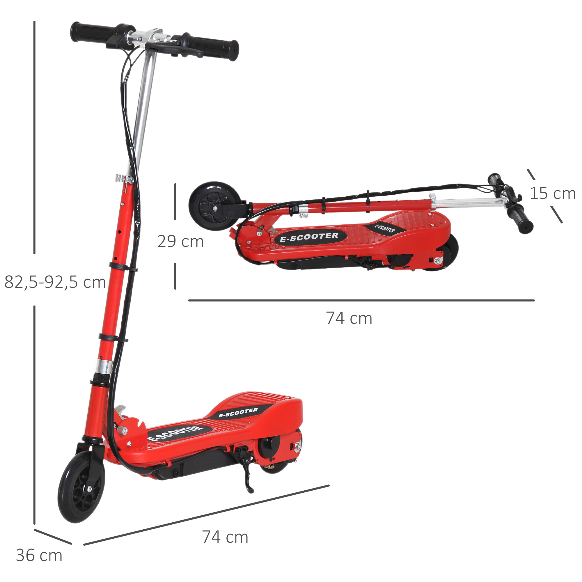 Scooter rojo con dimensiones: altura 82.5-92.5cm, largo 74cm, ancho 36cm.