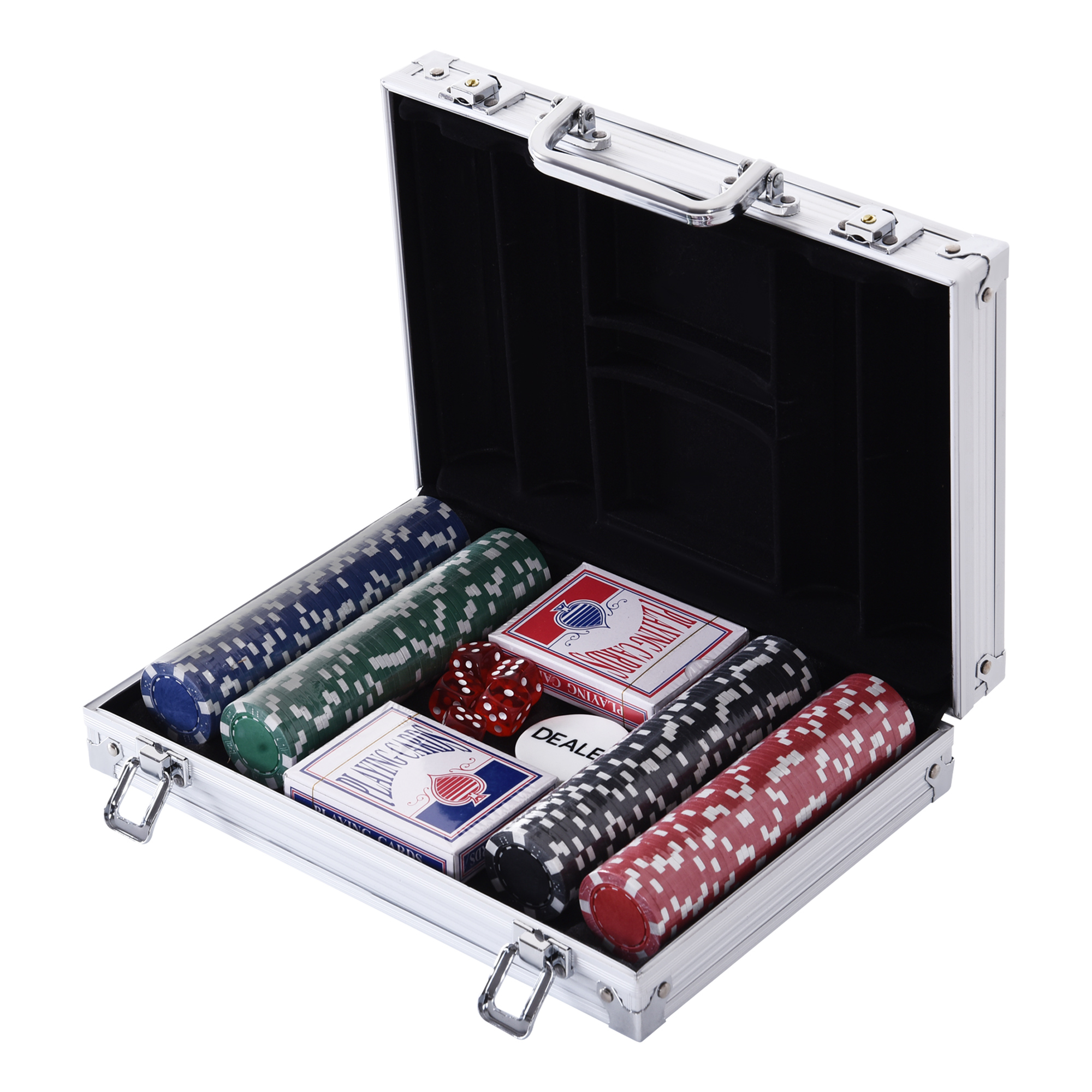 Una valigetta da poker argento aperta con fiches, due mazzi di carte e dadi.