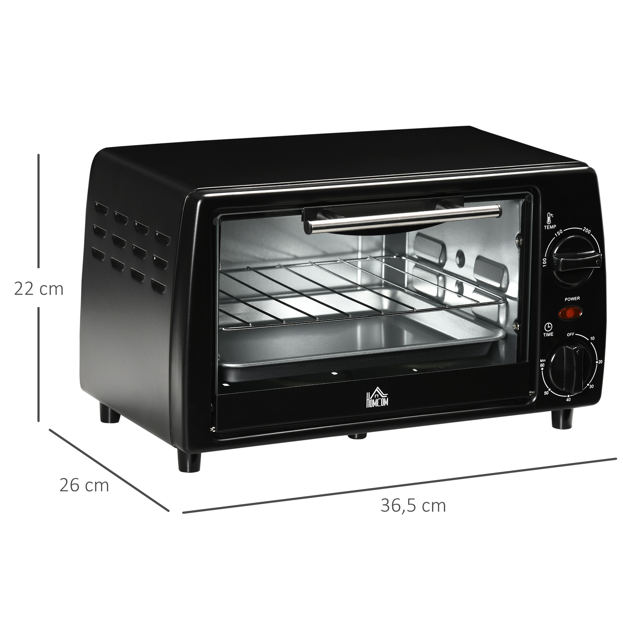 Horno negro con dimensiones, incluida una altura de 22 cm, un ancho de 26 cm y una longitud de 36,5 cm, para una cocina.