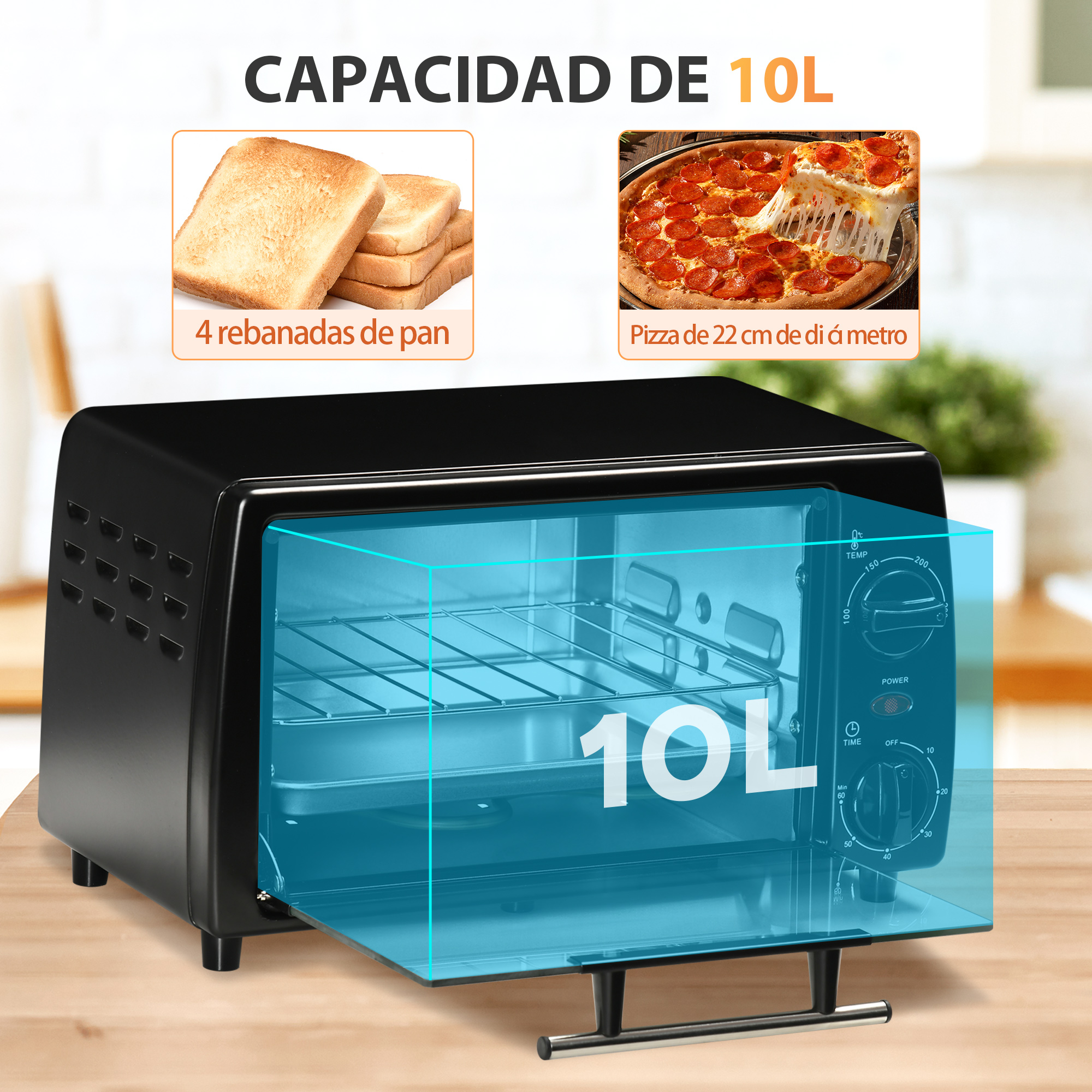 Horno tostador negro con puerta de cristal, muestra pizza y tostadas. Tiene una capacidad de 10 litros sobre una mesa de madera.