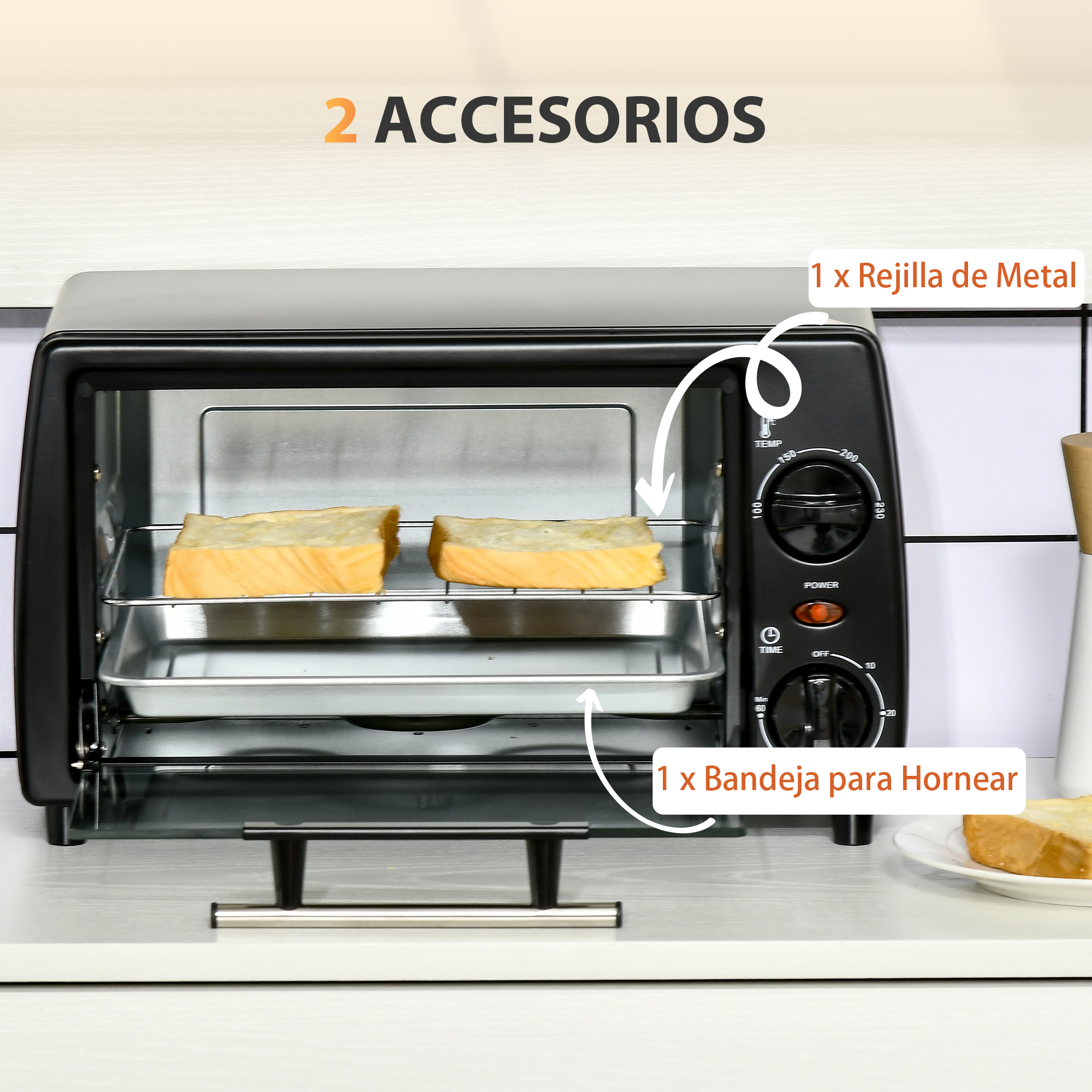 Horno tostador negro con dos rebanadas de pan tostado en una rejilla. Rejilla metálica y bandeja incluidas.