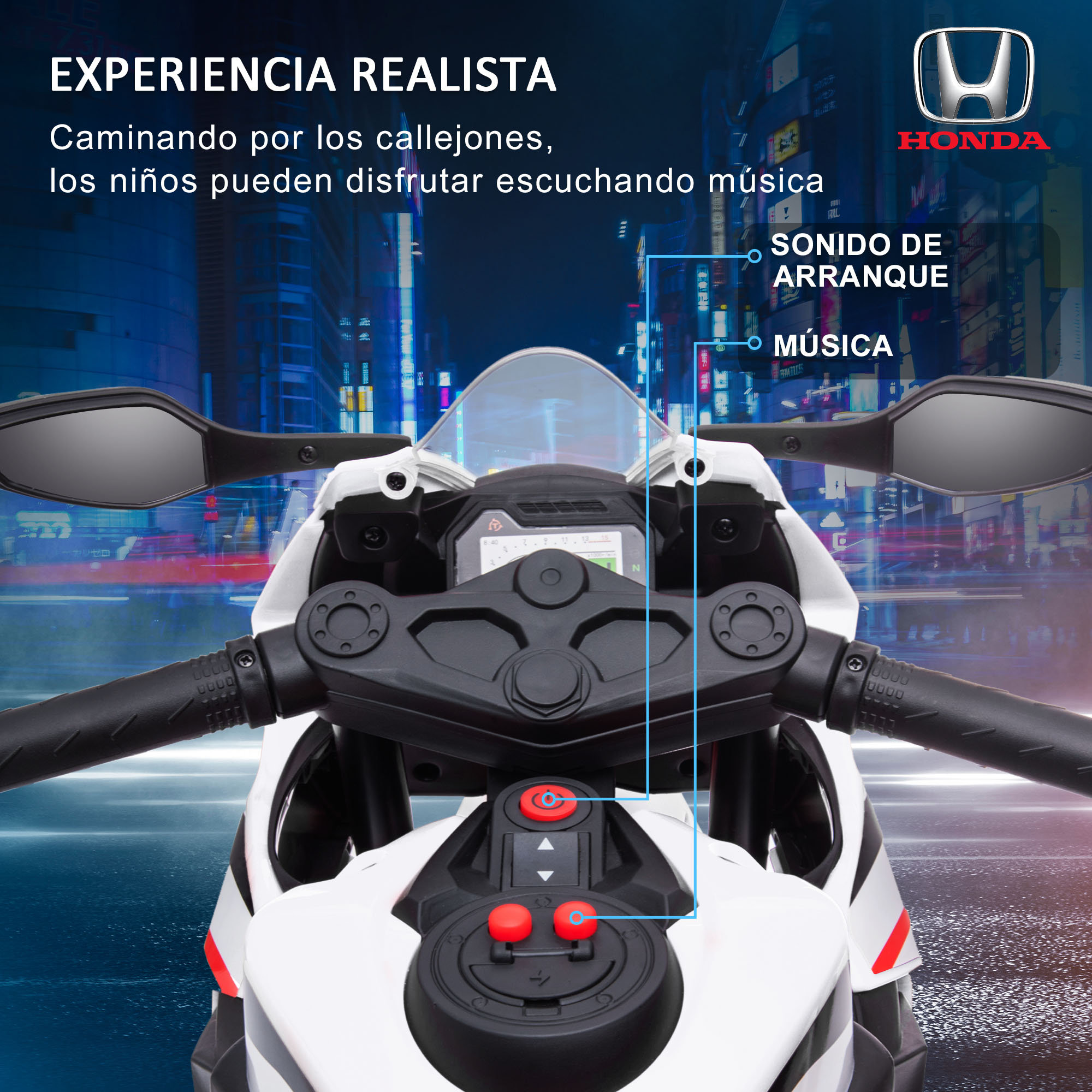 Motocicleta de juguete blanca con logo Honda, luces y salpicadero.