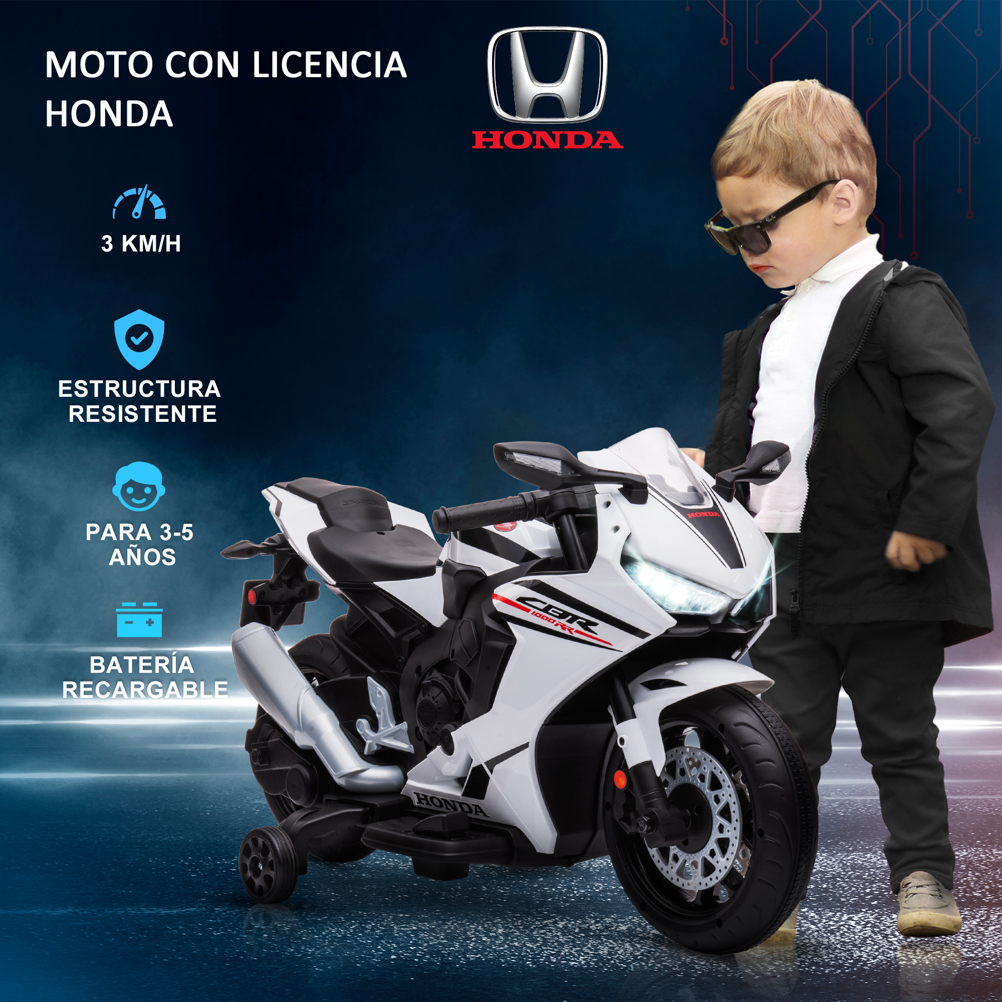 Un niño con gafas de sol está cerca de una moto de juguete con el logo de Honda.