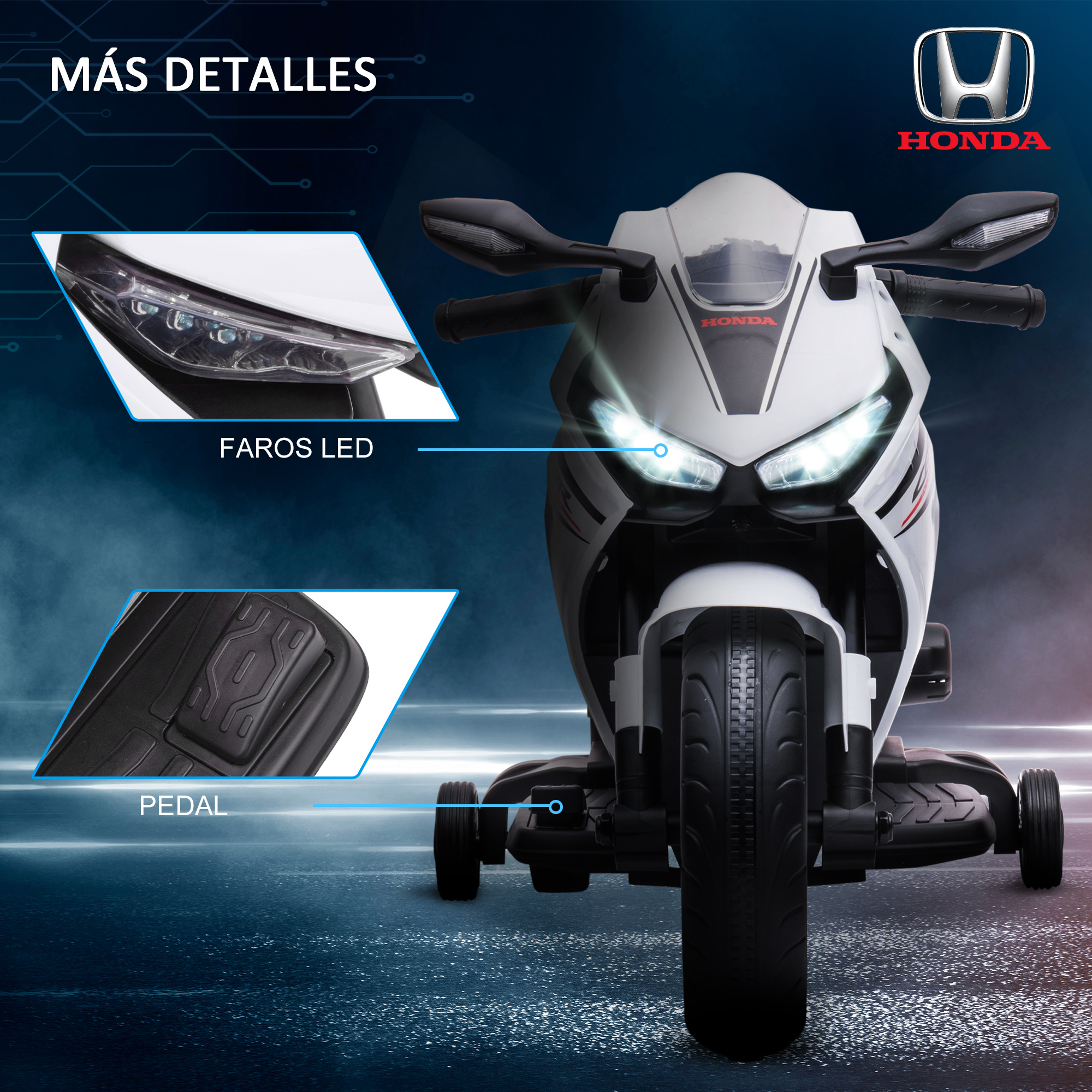 Motocicleta de juguete blanca y negra con luces LED y un pedal. Detalles incluyen faros y pedal.