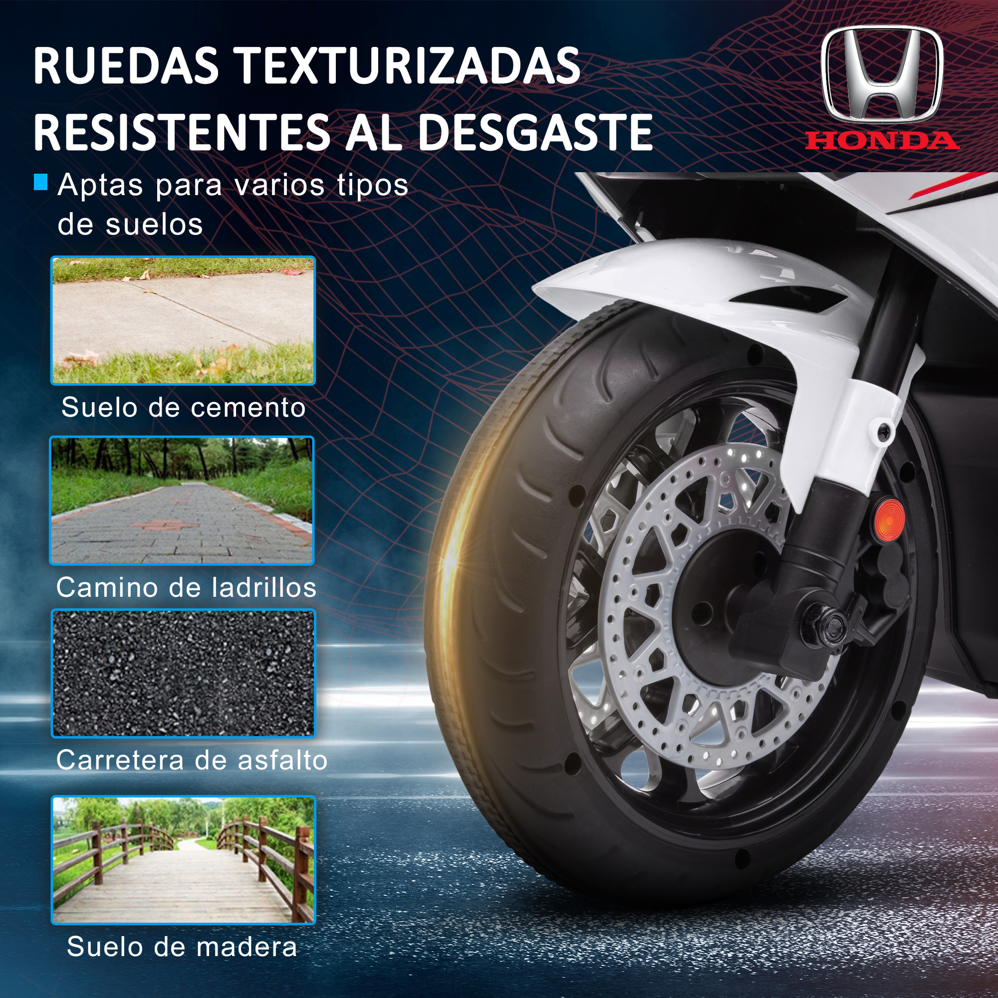 Un neumático de motocicleta blanco, con ejemplos de diferentes superficies en las que se puede usar.