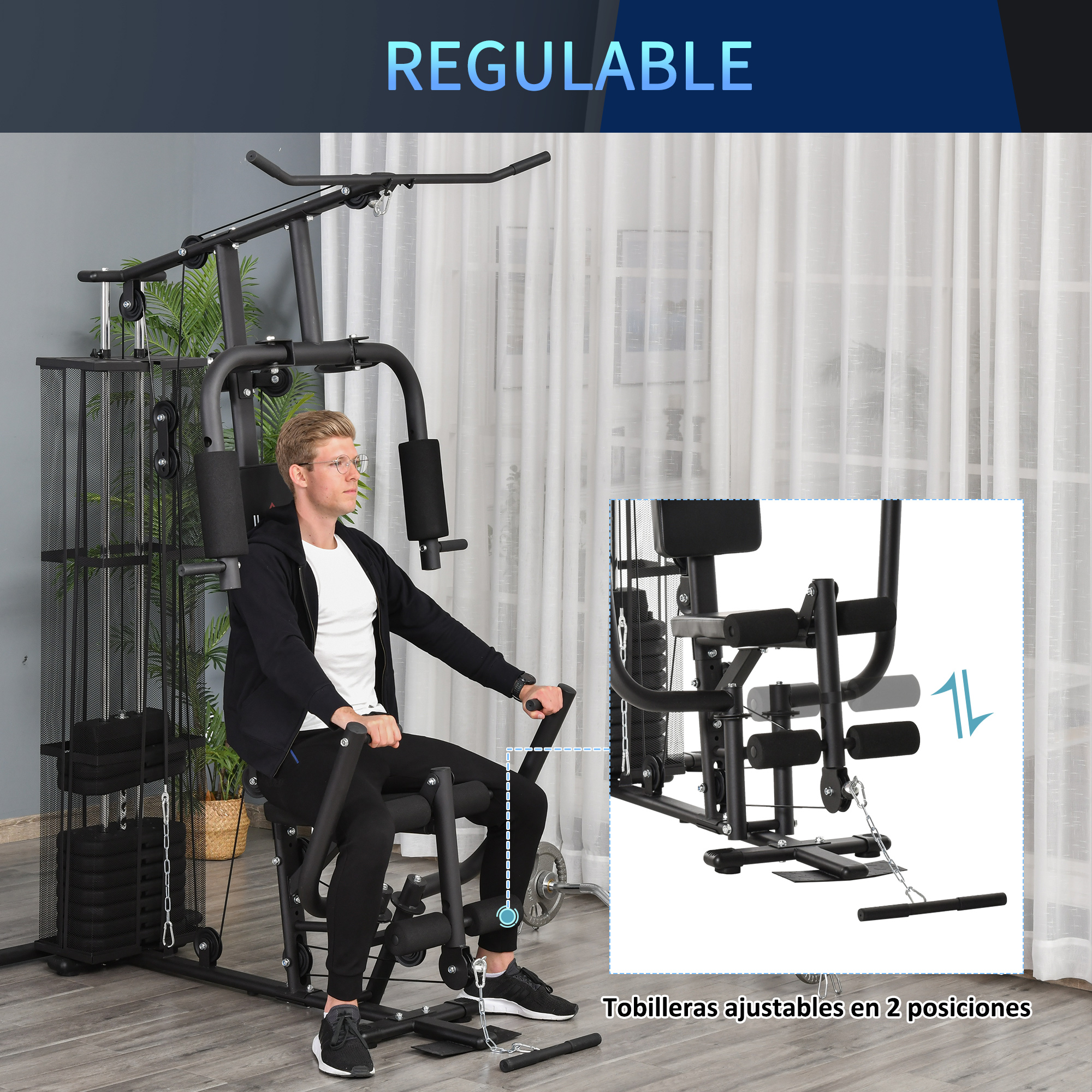 Hombre usando equipo de gimnasio en casa. Texto: Ajustable. Detalle de soportes de piernas ajustables. Fondo: ventana, cortina.