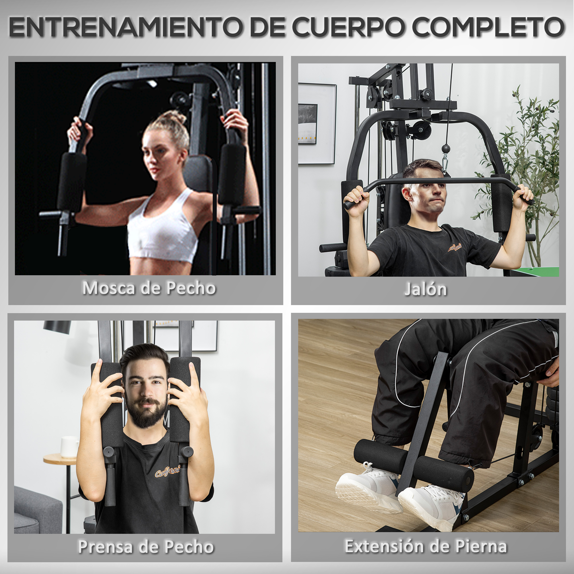 Cuatro imágenes que demuestran ejercicios: apertura de pecho, jalón dorsal, press de banca y extensión de piernas.