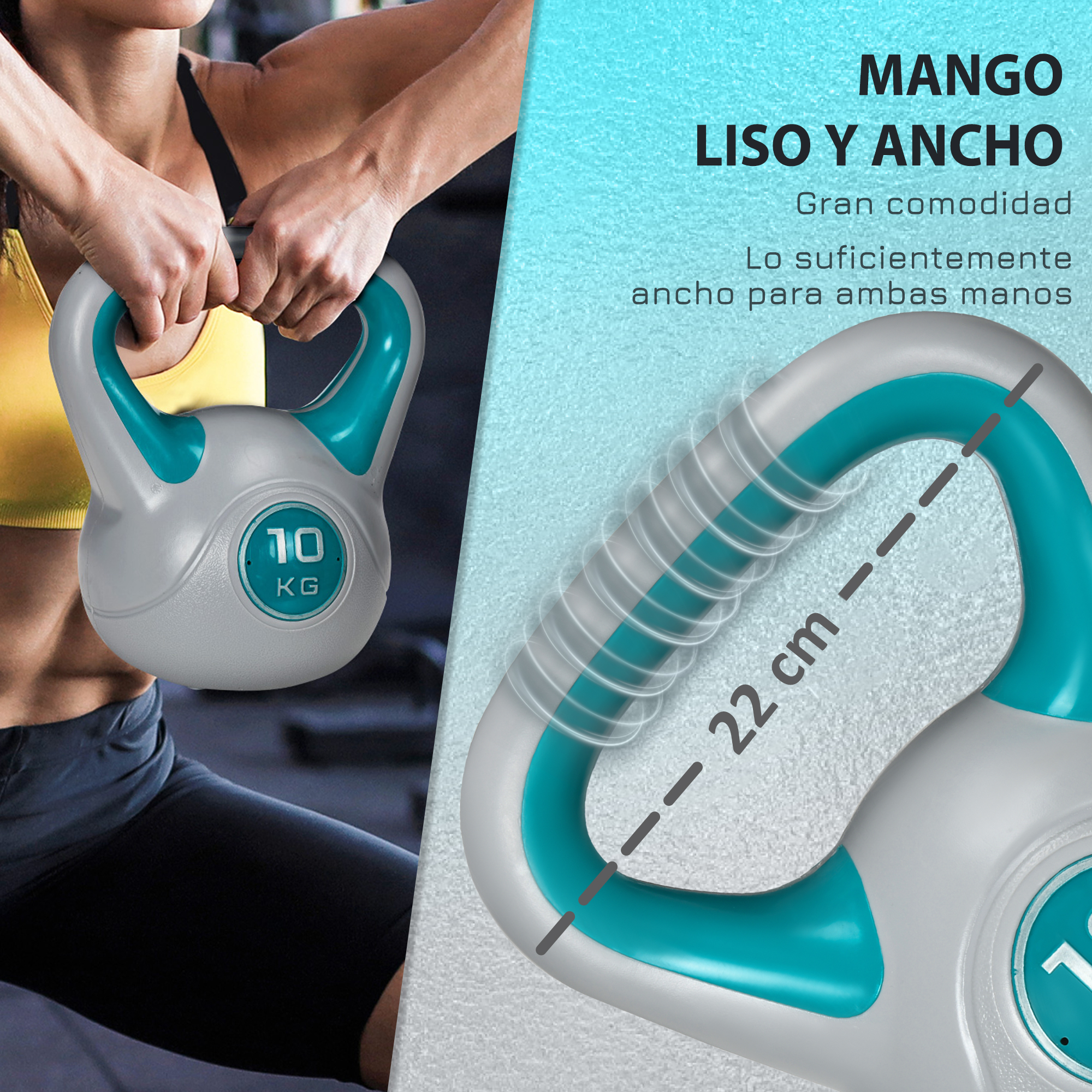 Kettlebell, gris y turquesa, sujetado por una persona. Texto descriptivo en español.