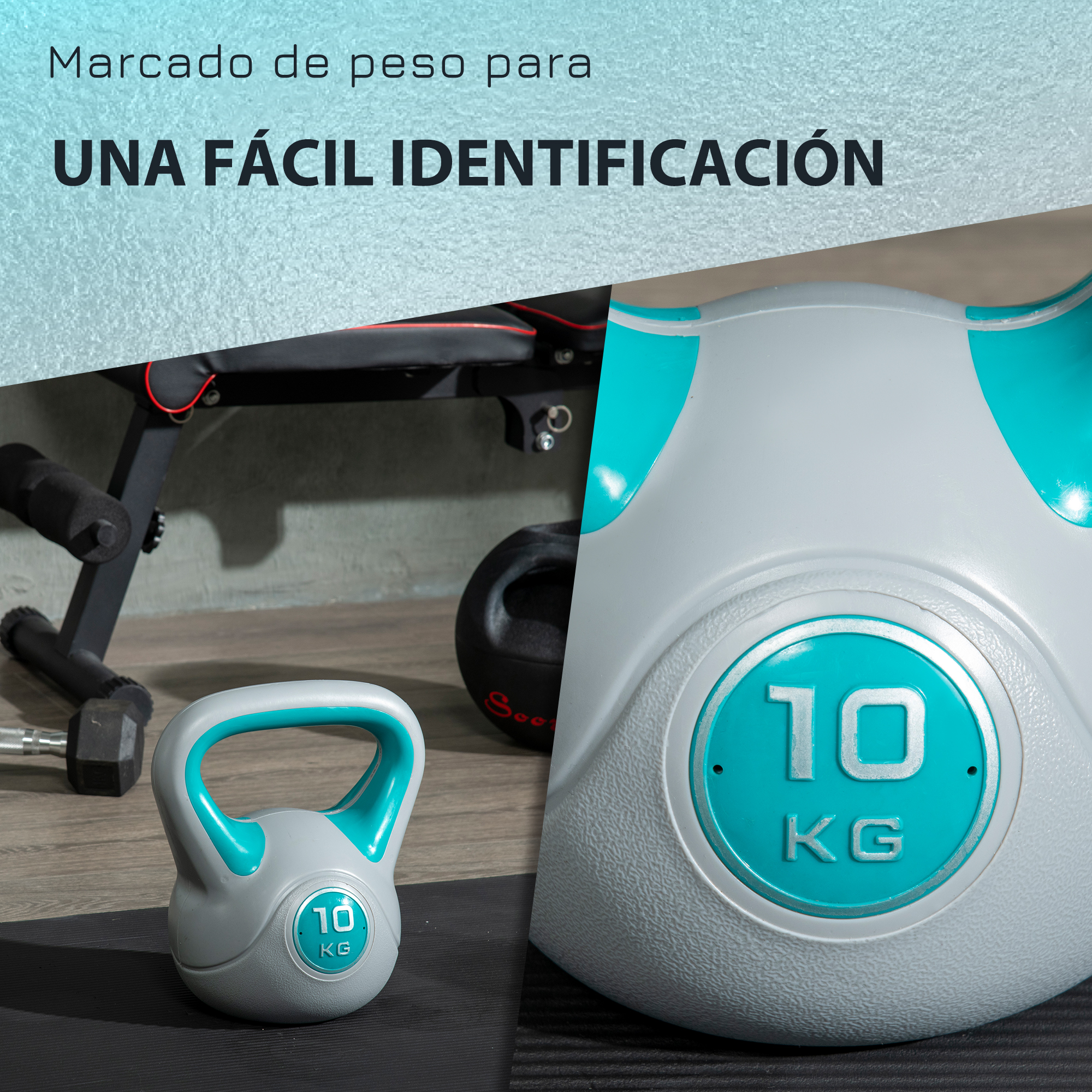 Una pesa rusa gris y turquesa de 10 kg. El texto dice 'IDENTIFICACIÓN FÁCIL'.