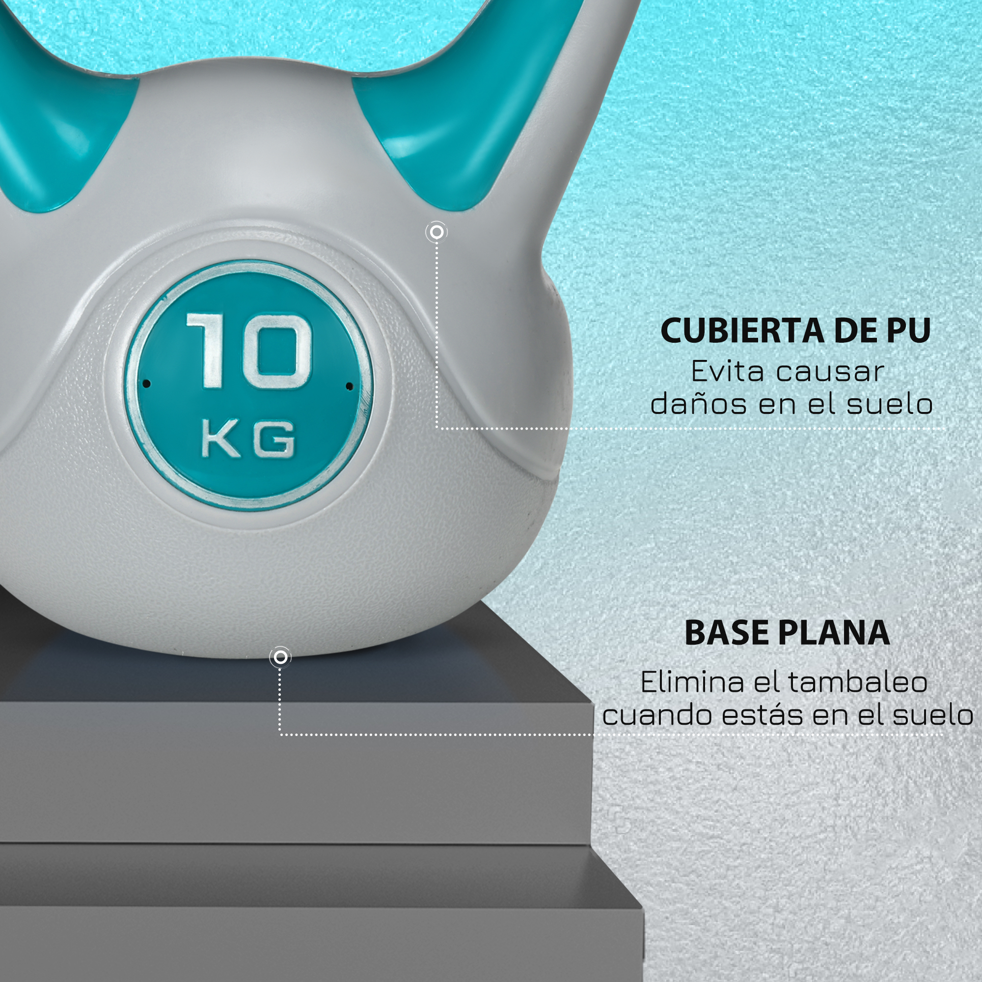 Una pesa rusa blanca y turquesa con base plana, sobre un fondo azul y gris.