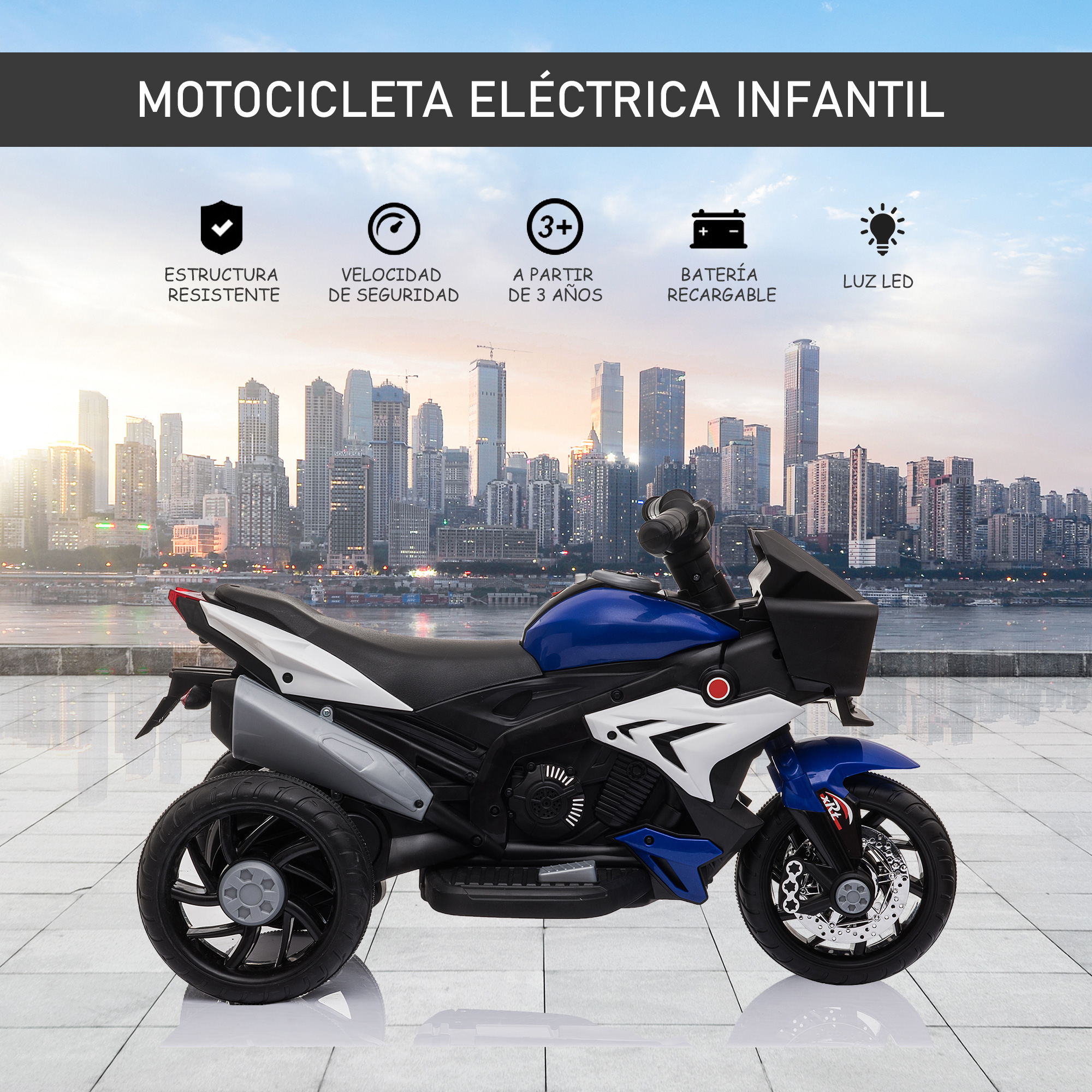 Una motocicleta eléctrica de juguete azul y blanca con un fondo de horizonte urbano.