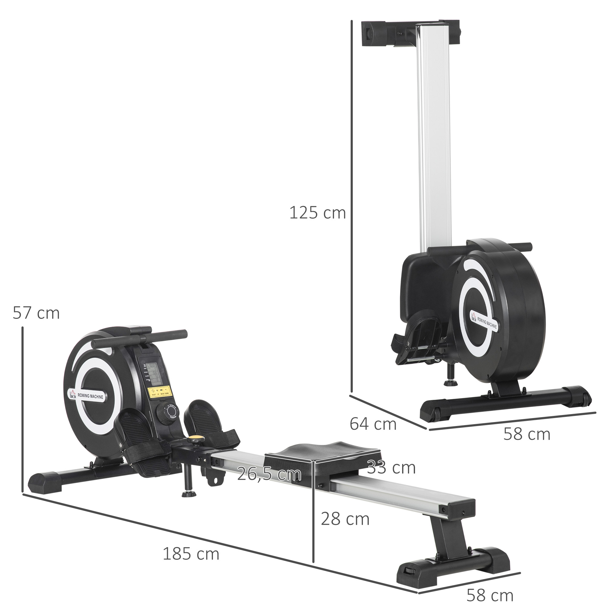 Máquina de remo en blanco y negro con dimensiones marcadas.