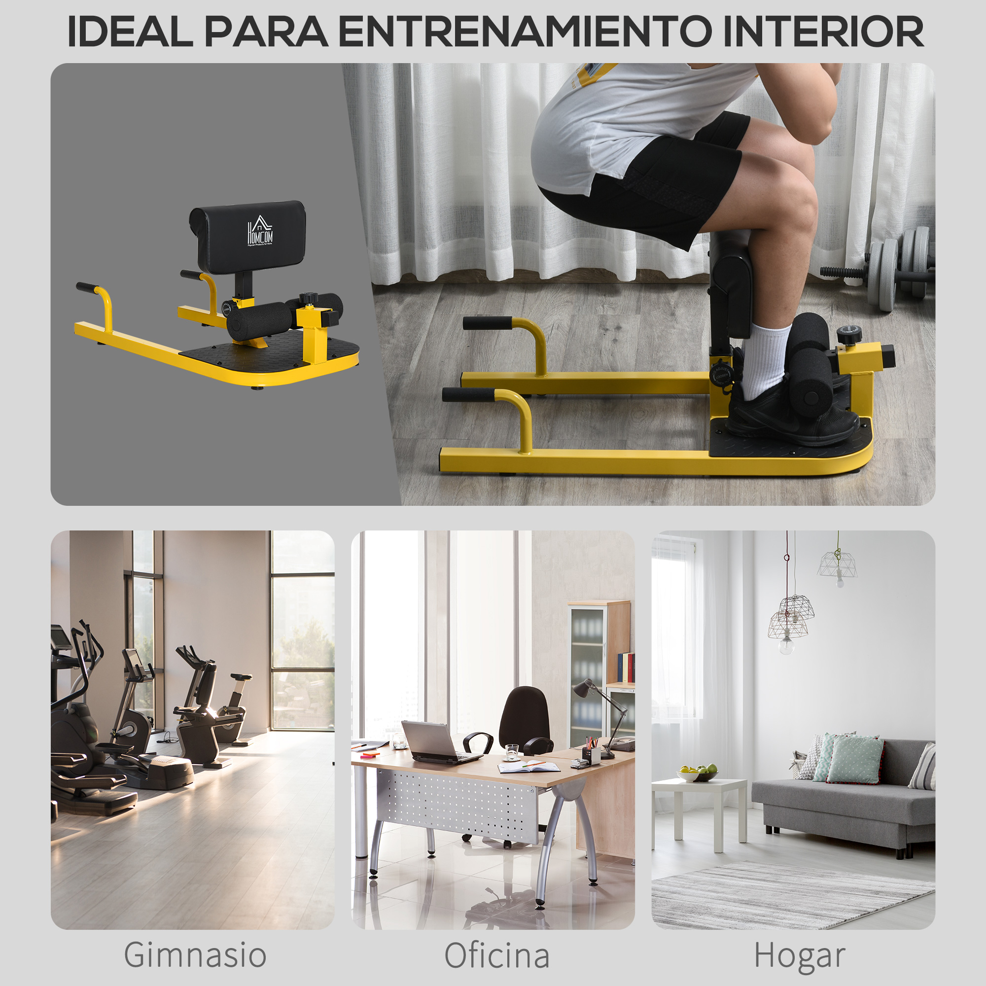 Imagen muestra una máquina de sentadillas en gimnasio, oficina y sala de estar, con texto en la parte inferior.