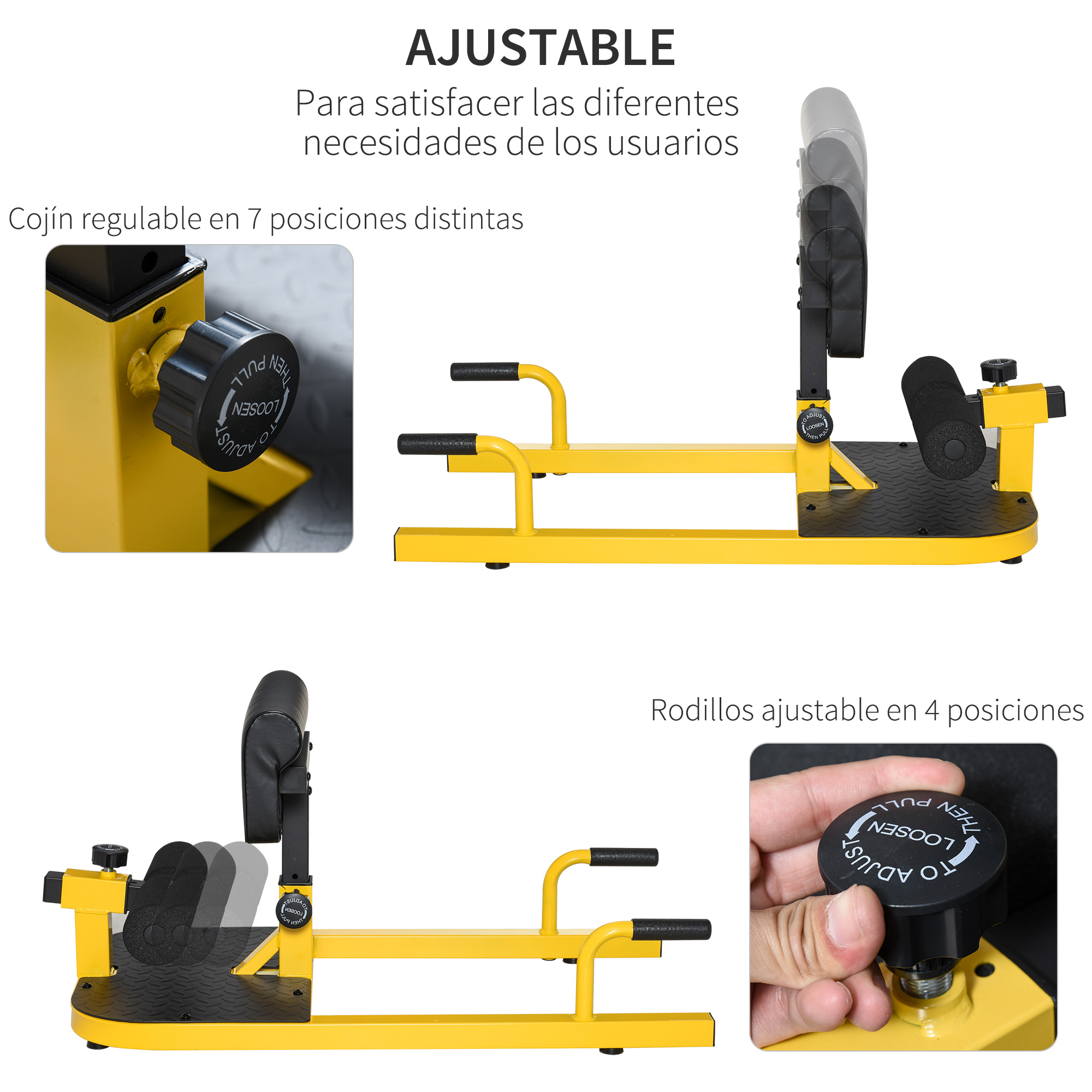 Máquina de ejercicios ajustable amarilla y negra con ajustes manuales y vistas detalladas.