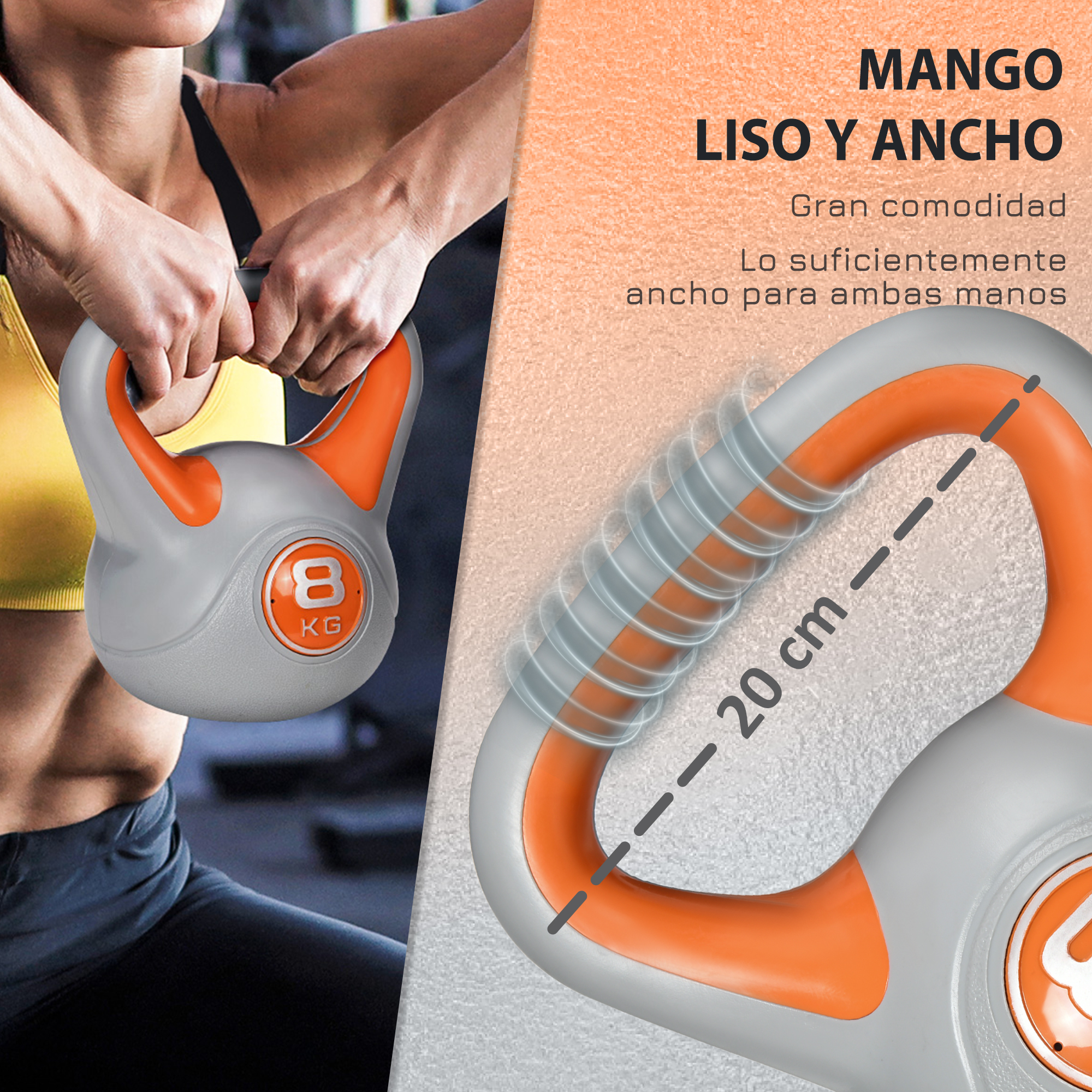 Una pesa rusa gris y naranja sostenida por una persona. El mango es naranja y el peso es de 8 kg.