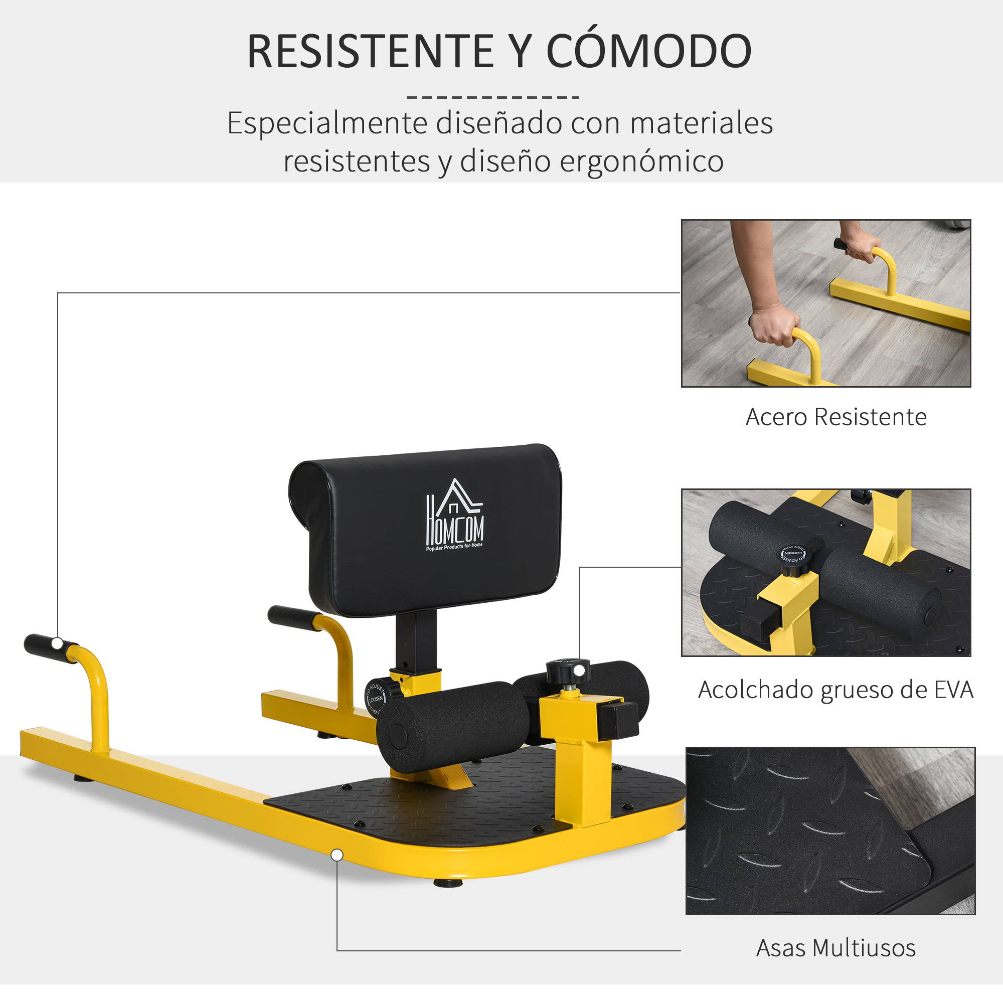 Máquina de ejercicios amarilla y negra con partes etiquetadas. Aislada.