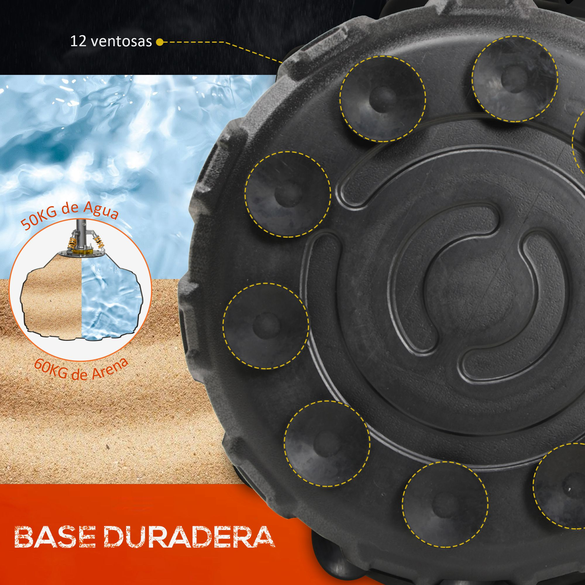 Una base de saco de boxeo negra con indicadores de agua y arena y ventosas.