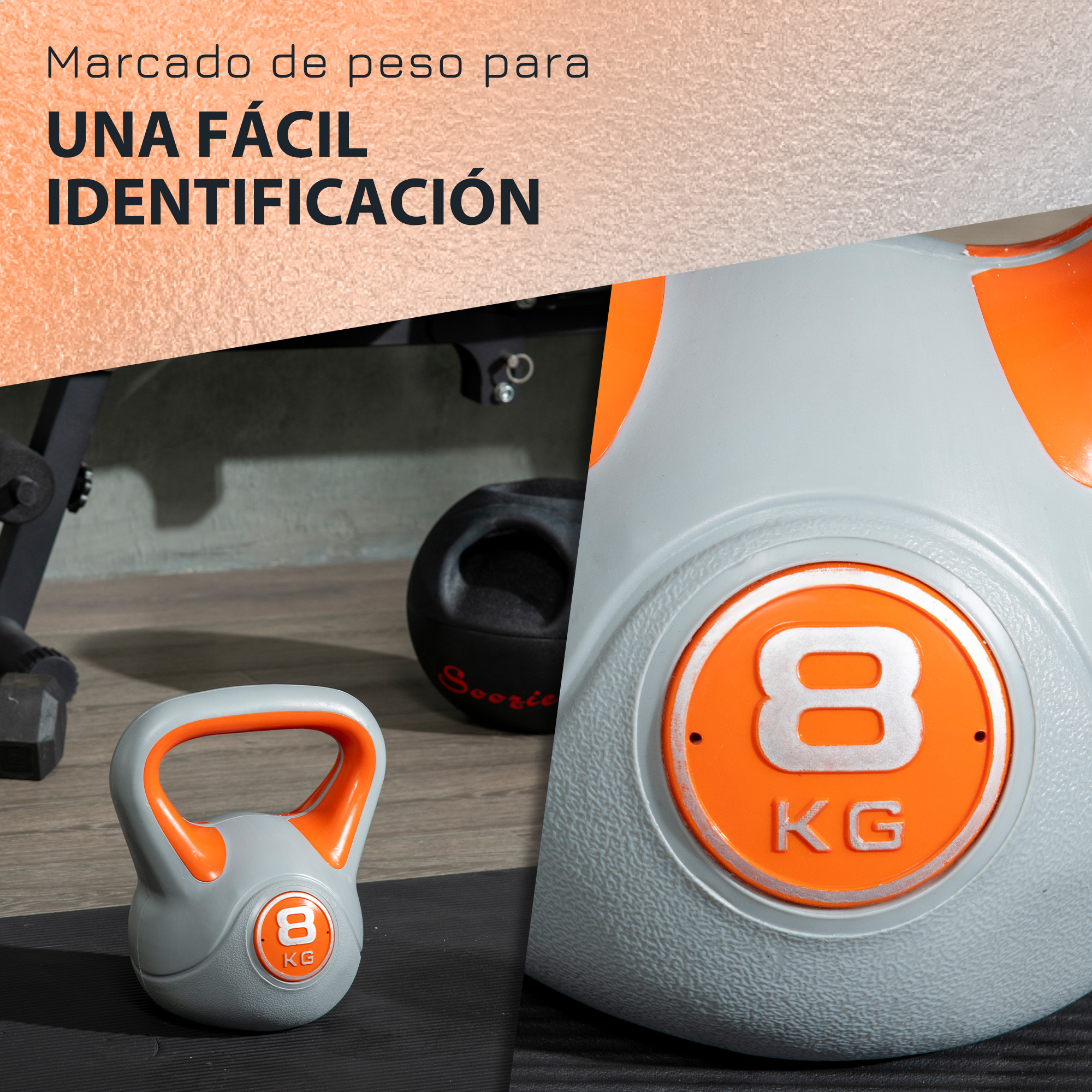 Kettlebell con detalles naranjas, etiquetada 8 KG. Otros pesos y objetos en el fondo.