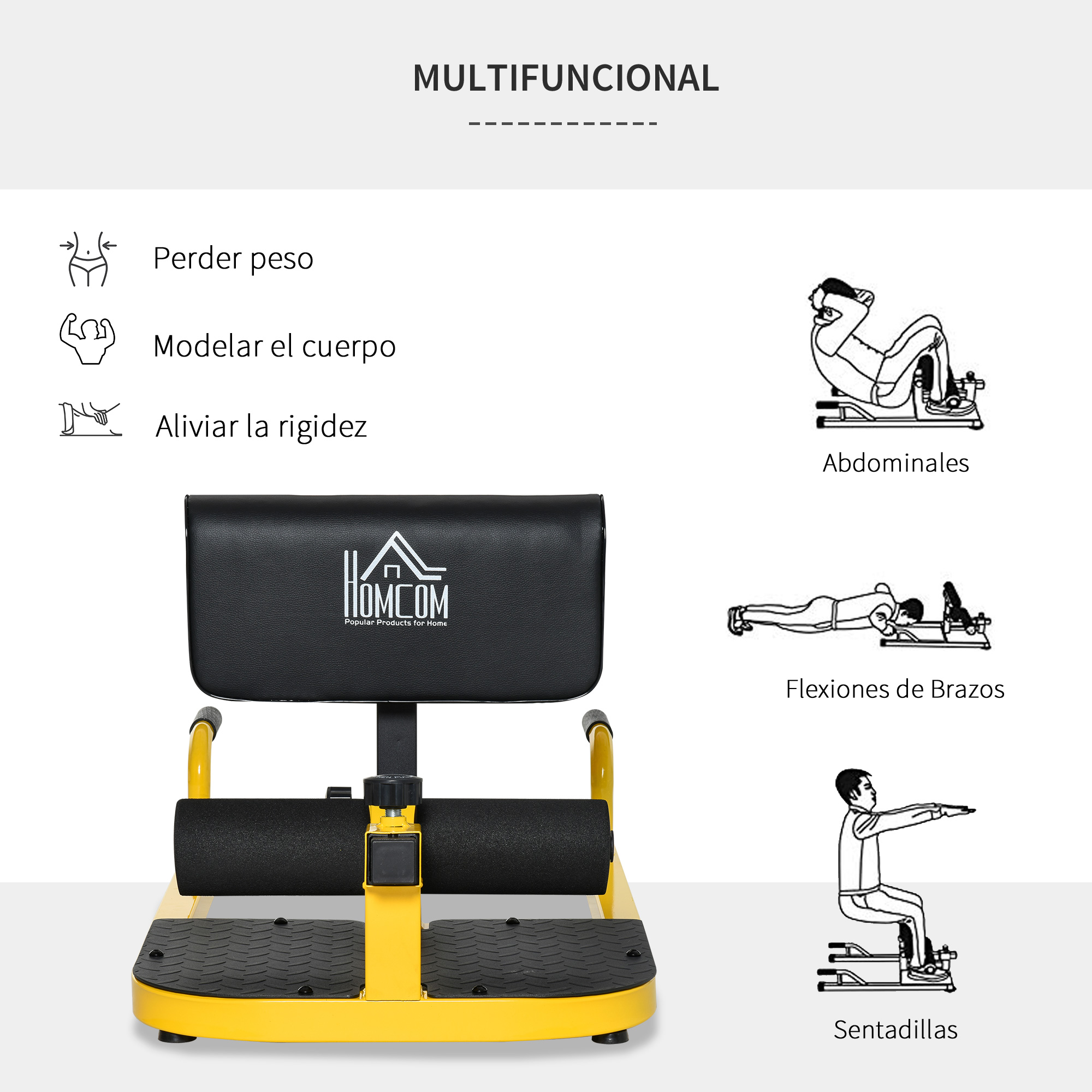 Equipo de fitness amarillo con ilustraciones de ejercicios: pérdida de peso, modelado corporal.