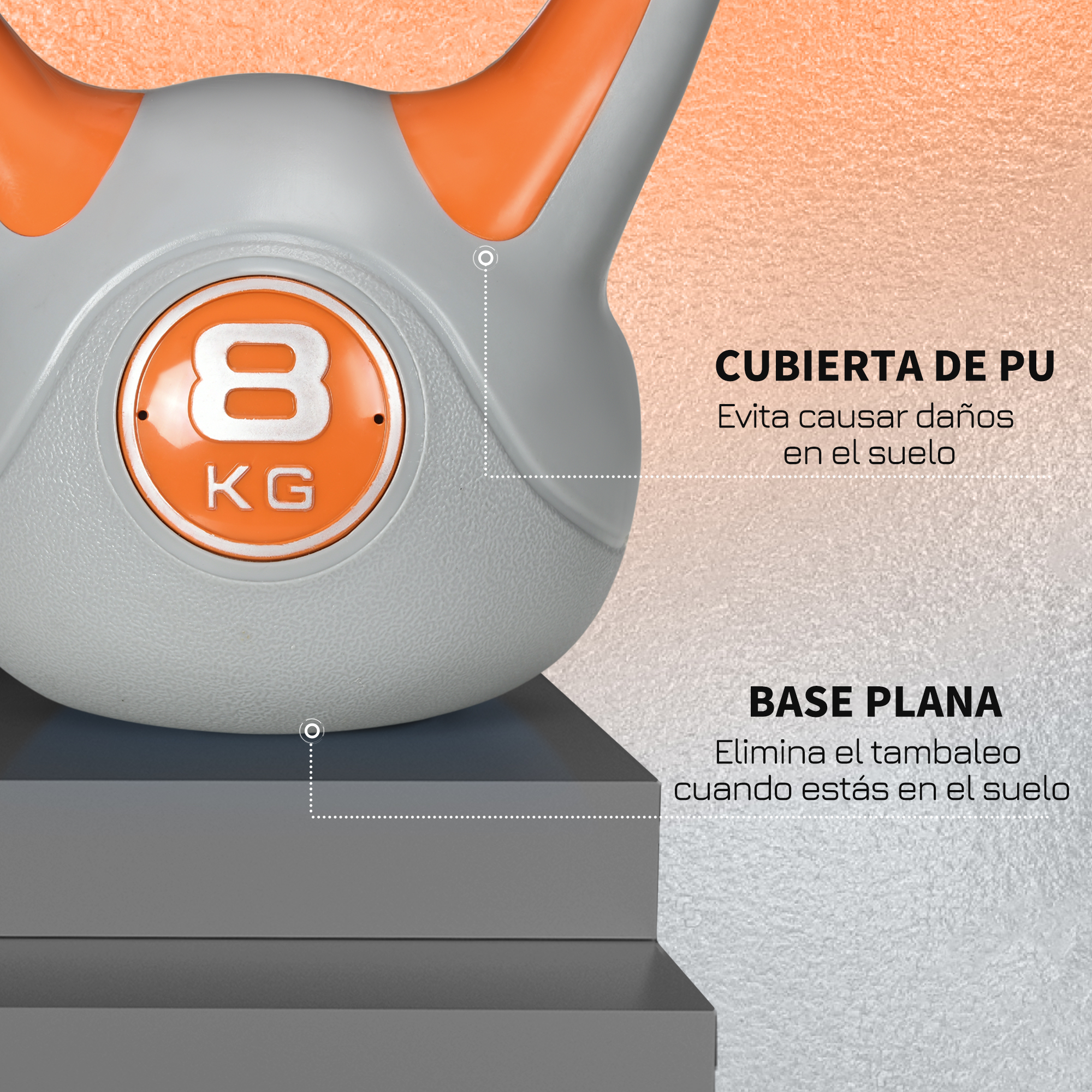 Kettlebell gris con mango naranja. Se muestra un peso de 8 kg.