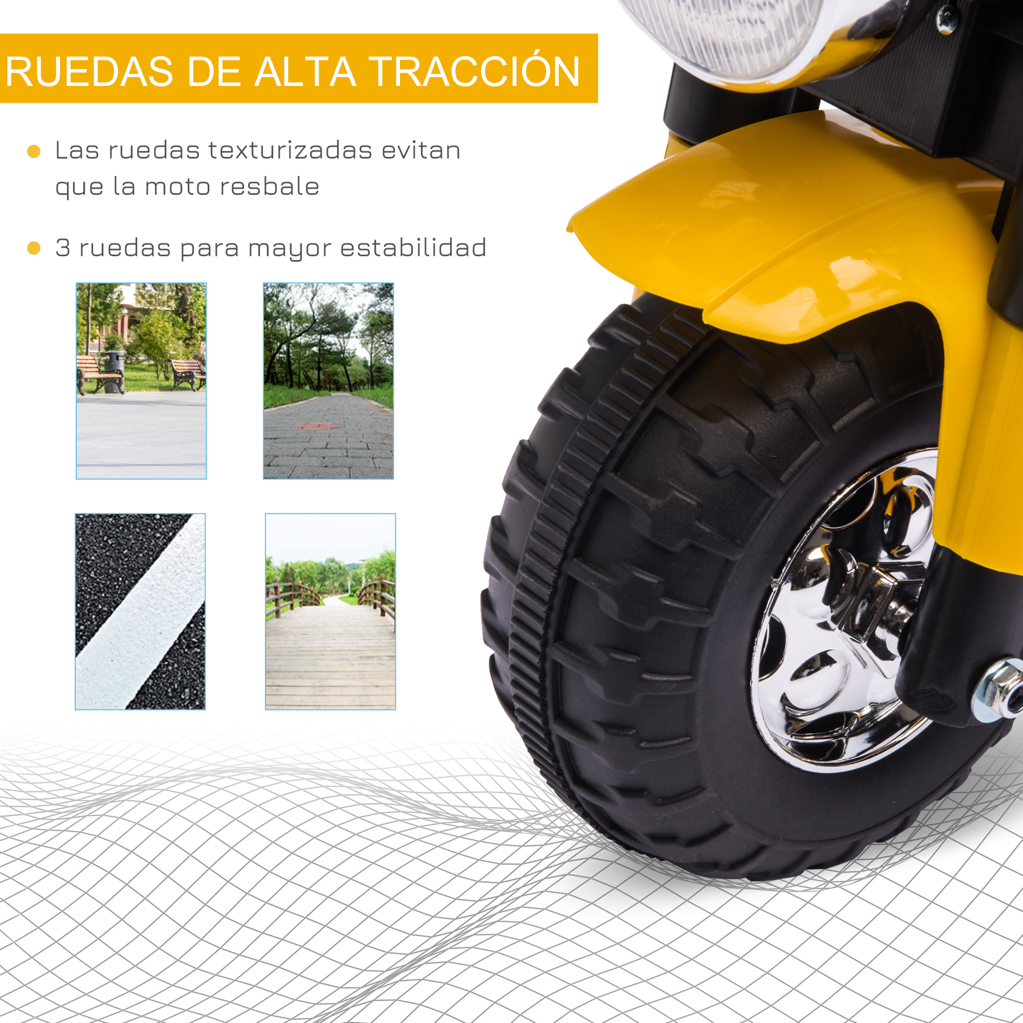 Primer plano de la rueda y el neumático de una moto de juguete amarilla. El texto está en español.