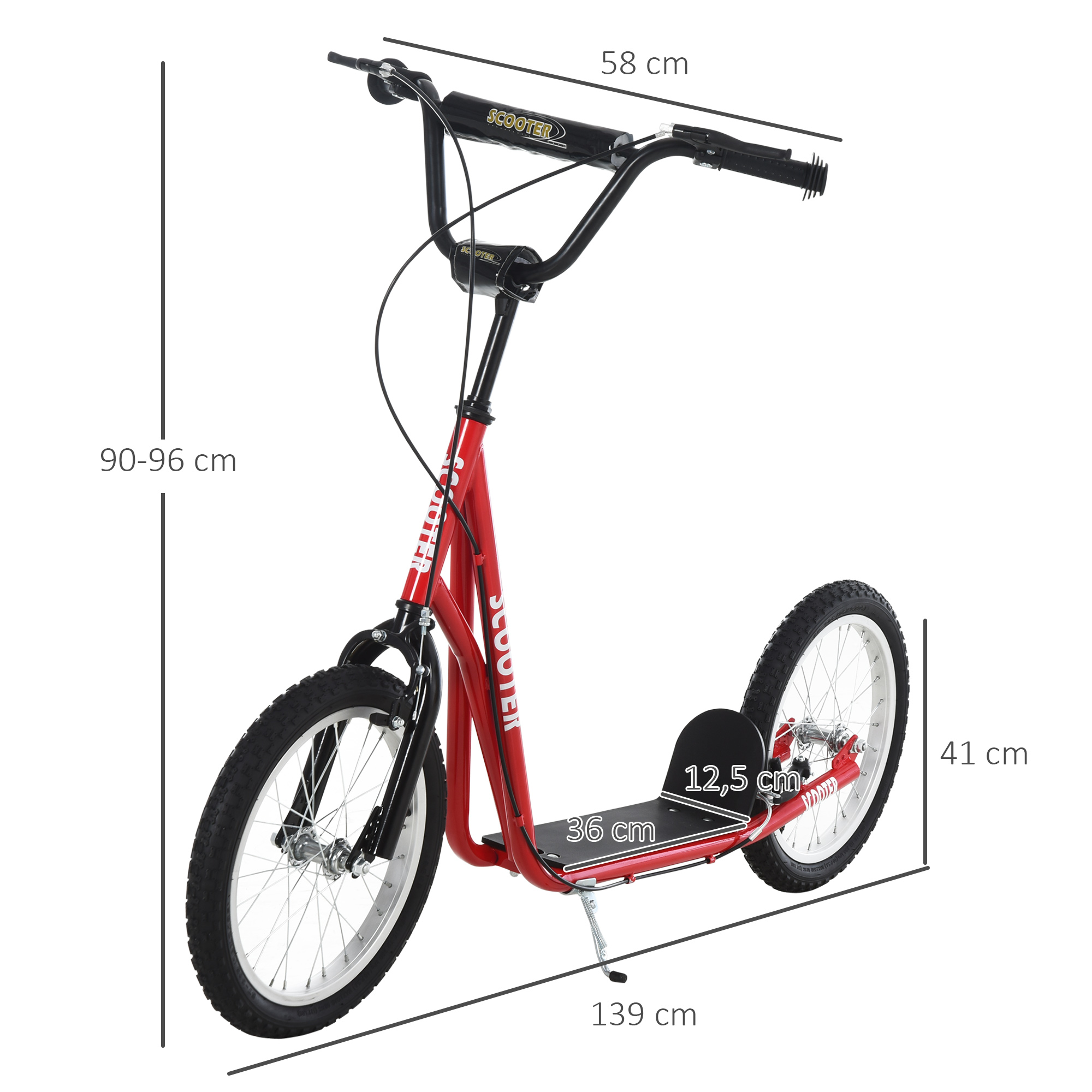 Patinete rojo con dimensiones etiquetadas: 139 cm de largo, 90-96 cm de alto y 58 cm de ancho.