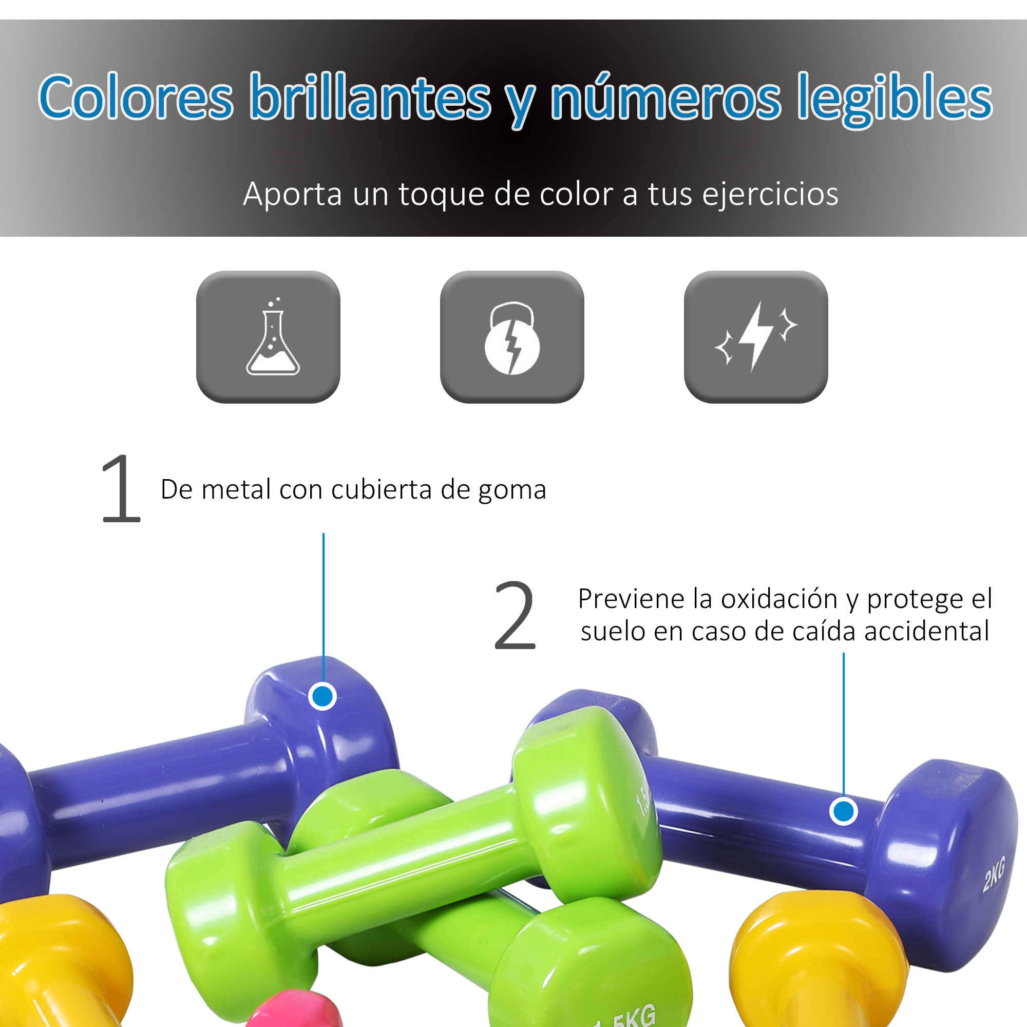 Mancuernas en múltiples colores: verde, azul y amarillo. Están cubiertas de goma y previenen la oxidación.