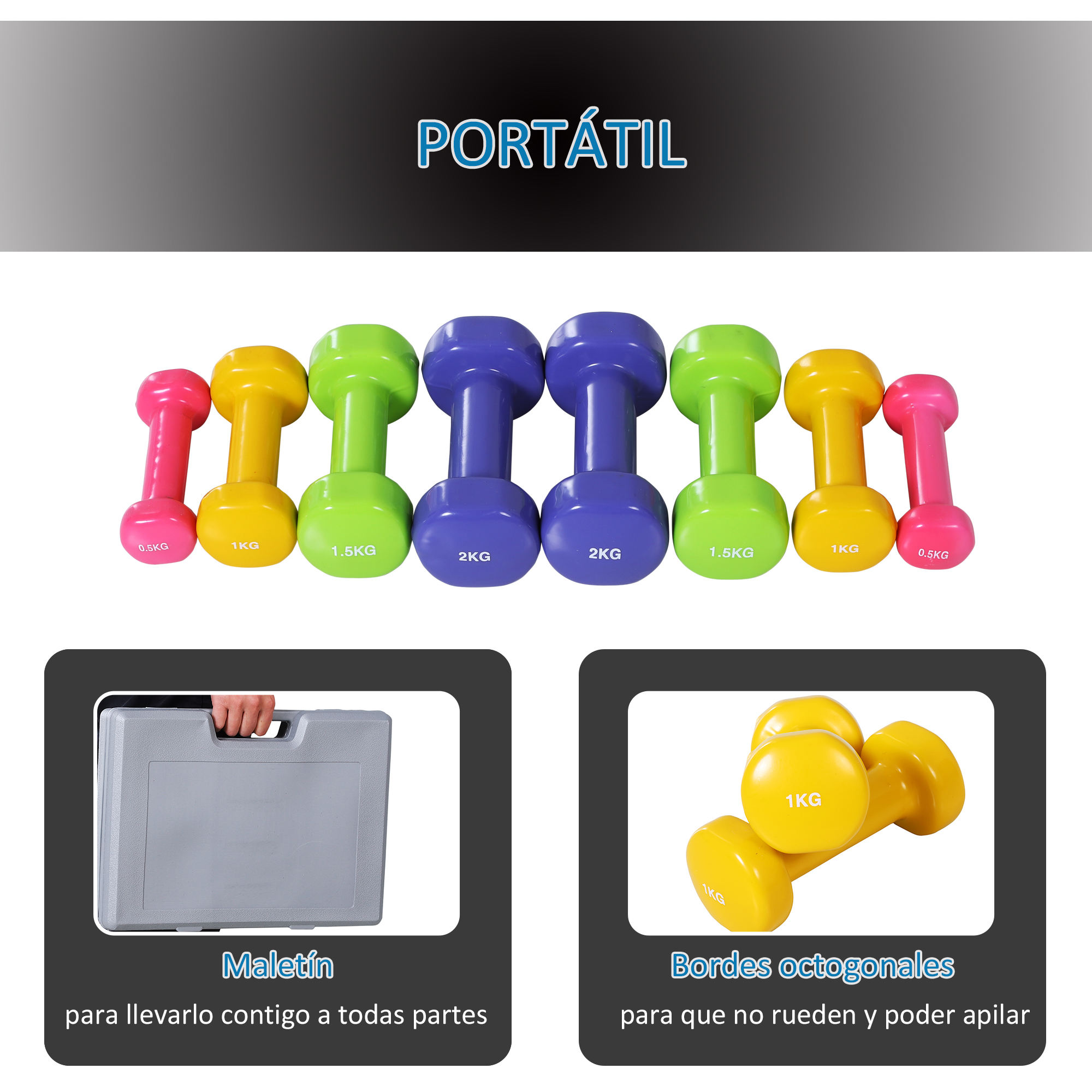 Juego de mancuernas coloridas: rosa, amarillo, verde y azul. Se muestra una funda de transporte gris y un par de mancuernas amarillas.