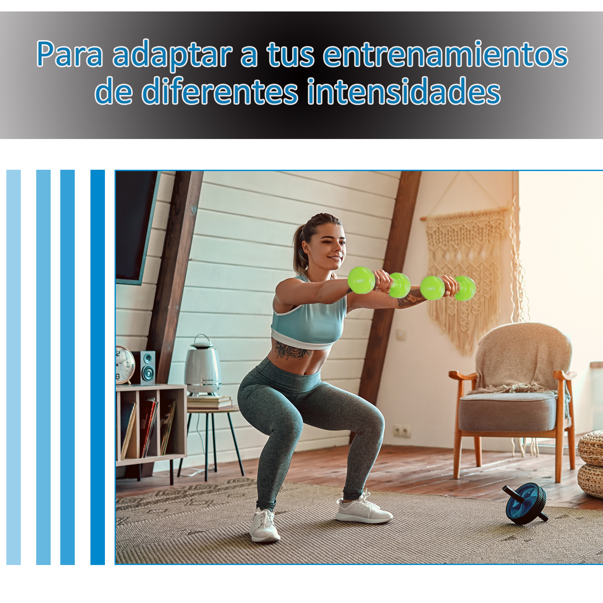 Una mujer está haciendo ejercicio con mancuernas verdes. Lleva ropa deportiva en un entorno doméstico.