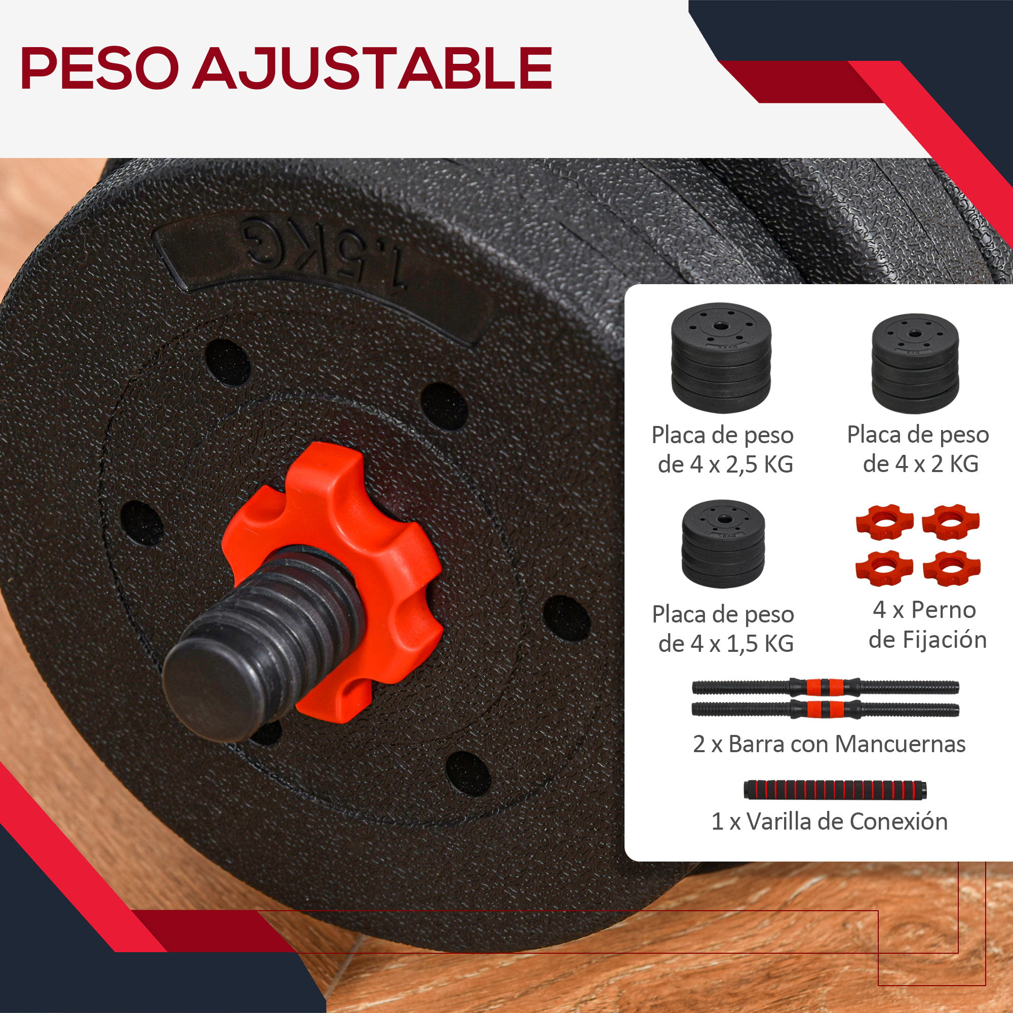 Juego de pesas con discos, barra y barra de conexión. Incluye piezas de ajuste naranjas.