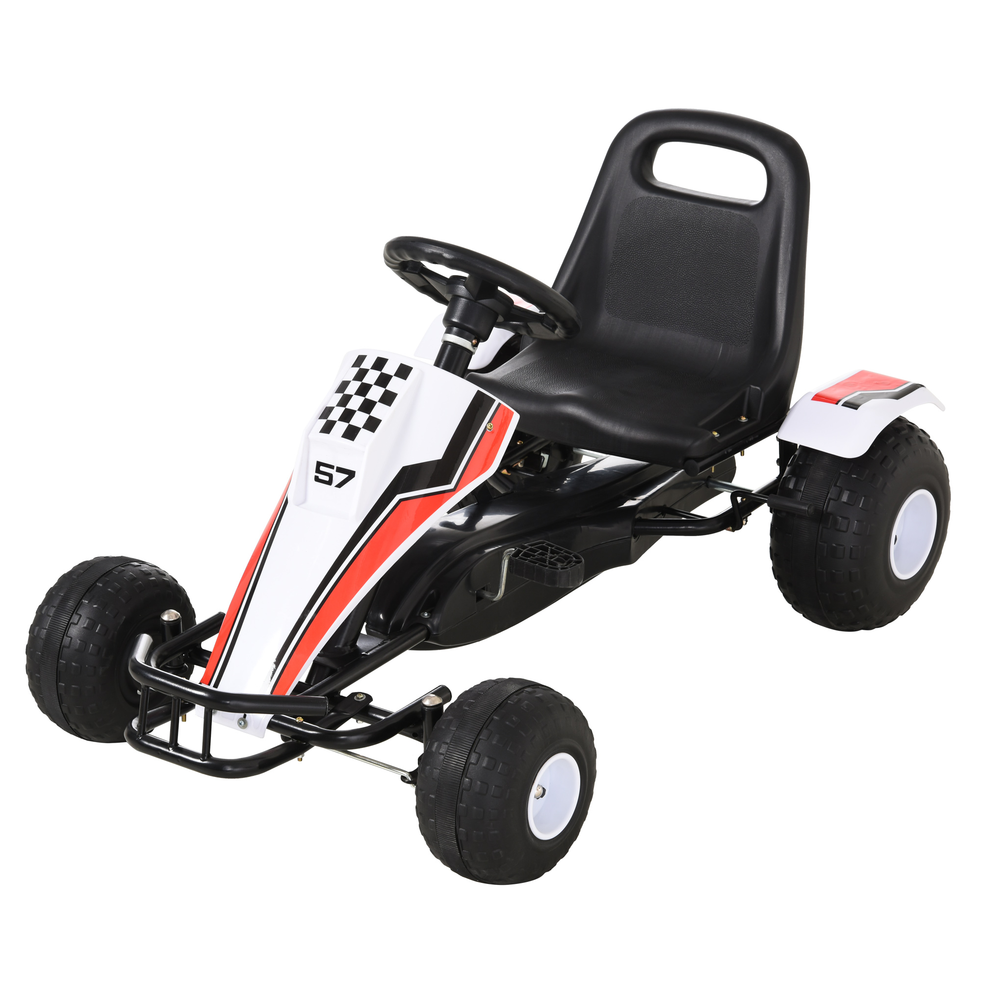 Un go-kart bianco e rosso con il numero 57 sulla parte anteriore. Ha pneumatici neri.