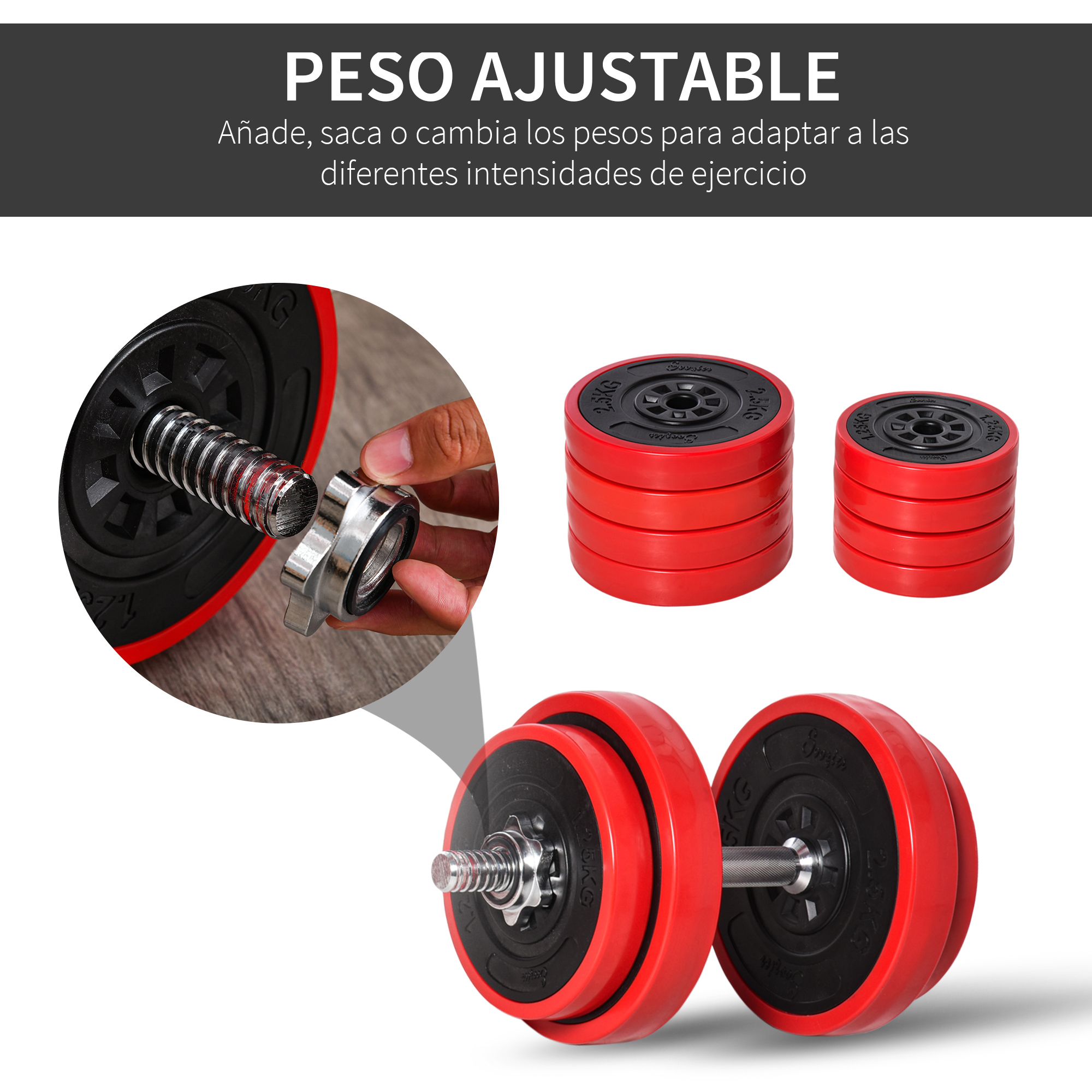 Mancuernas de peso ajustable con discos rojos. Una mano atornilla el peso a la mancuerna.