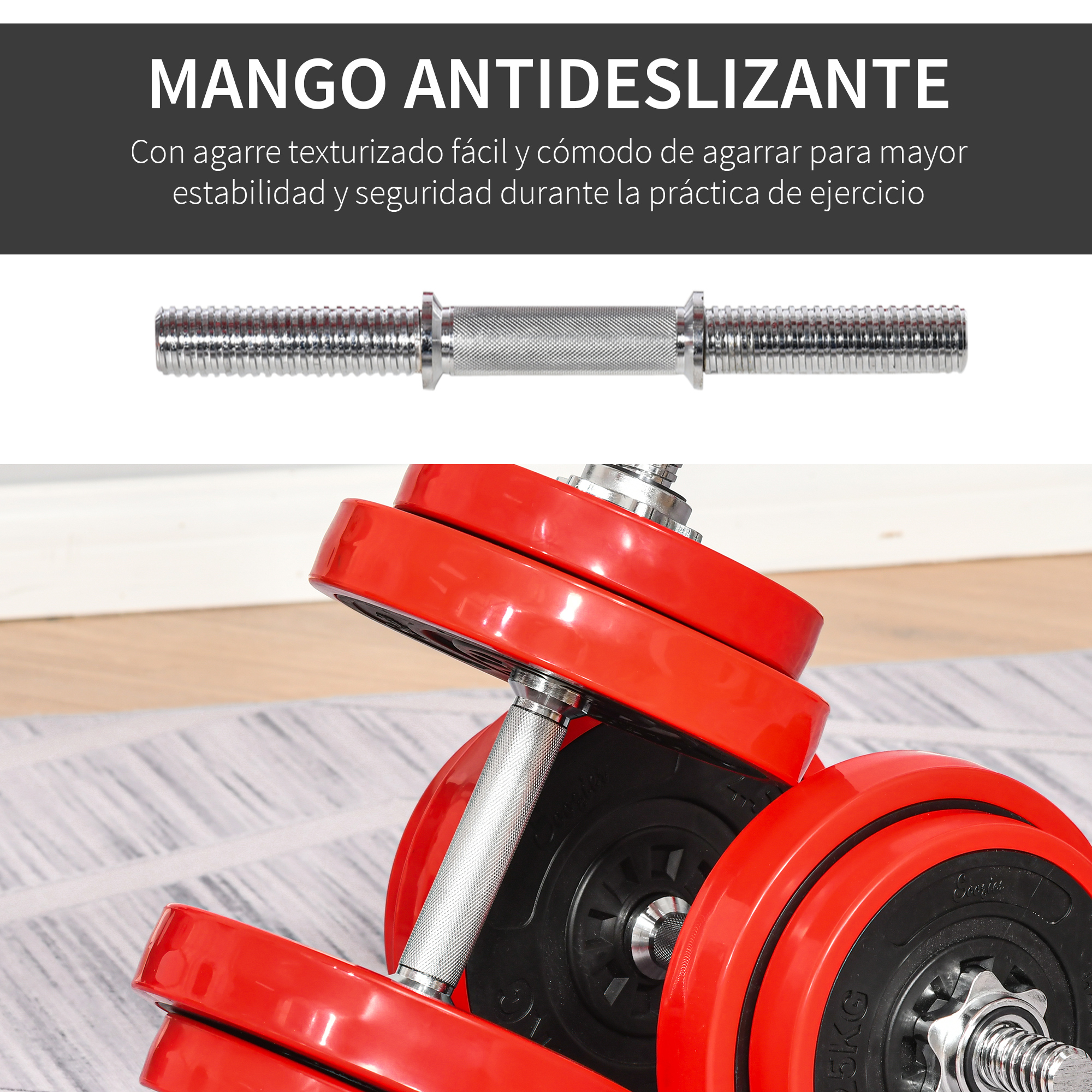 Mango de barra plateado con agarre moleteado. Discos de pesas rojos. Mancuerna con discos adjuntos mostrada.
