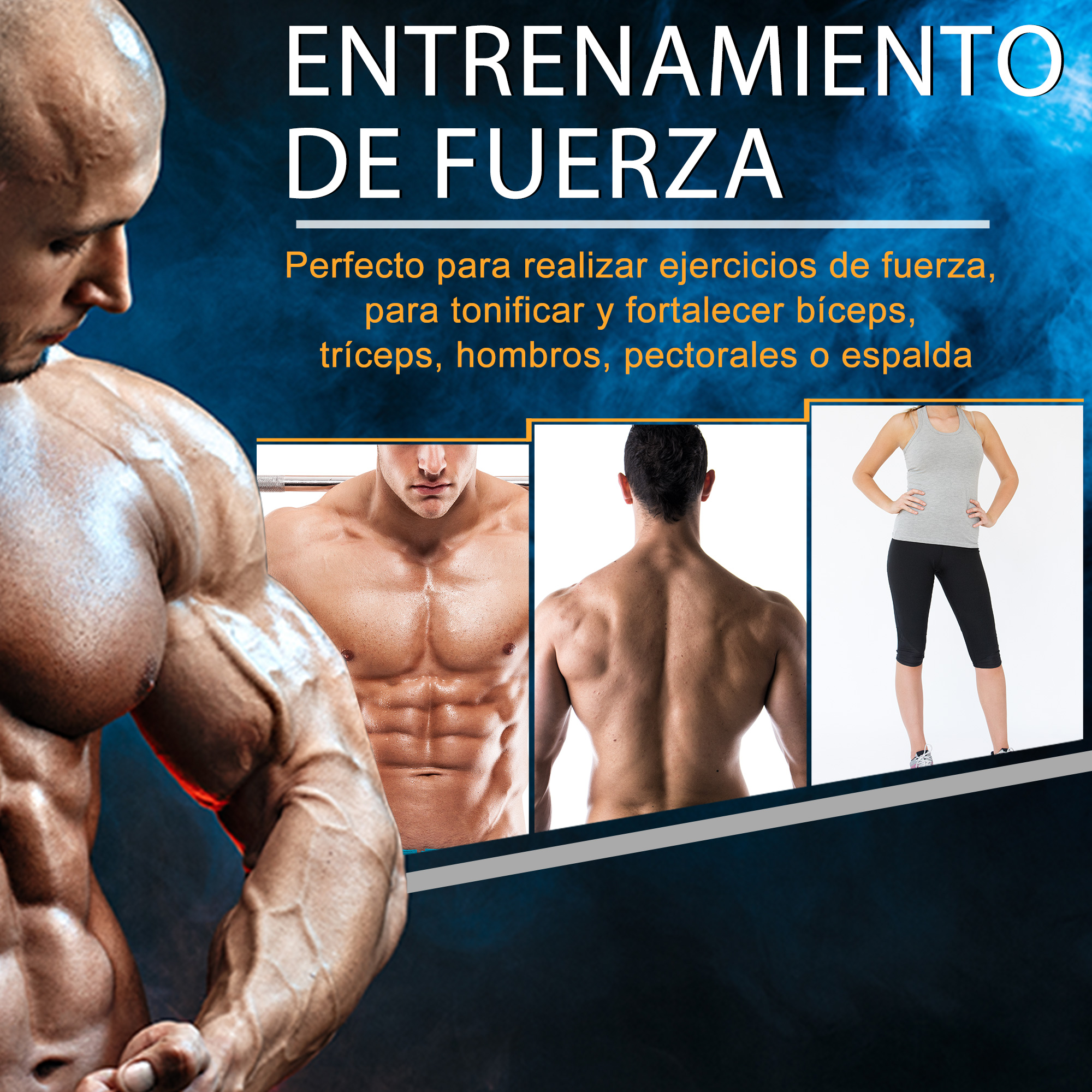 Una imagen que promueve el entrenamiento de fuerza con culturistas e instrucciones de ejercicio.