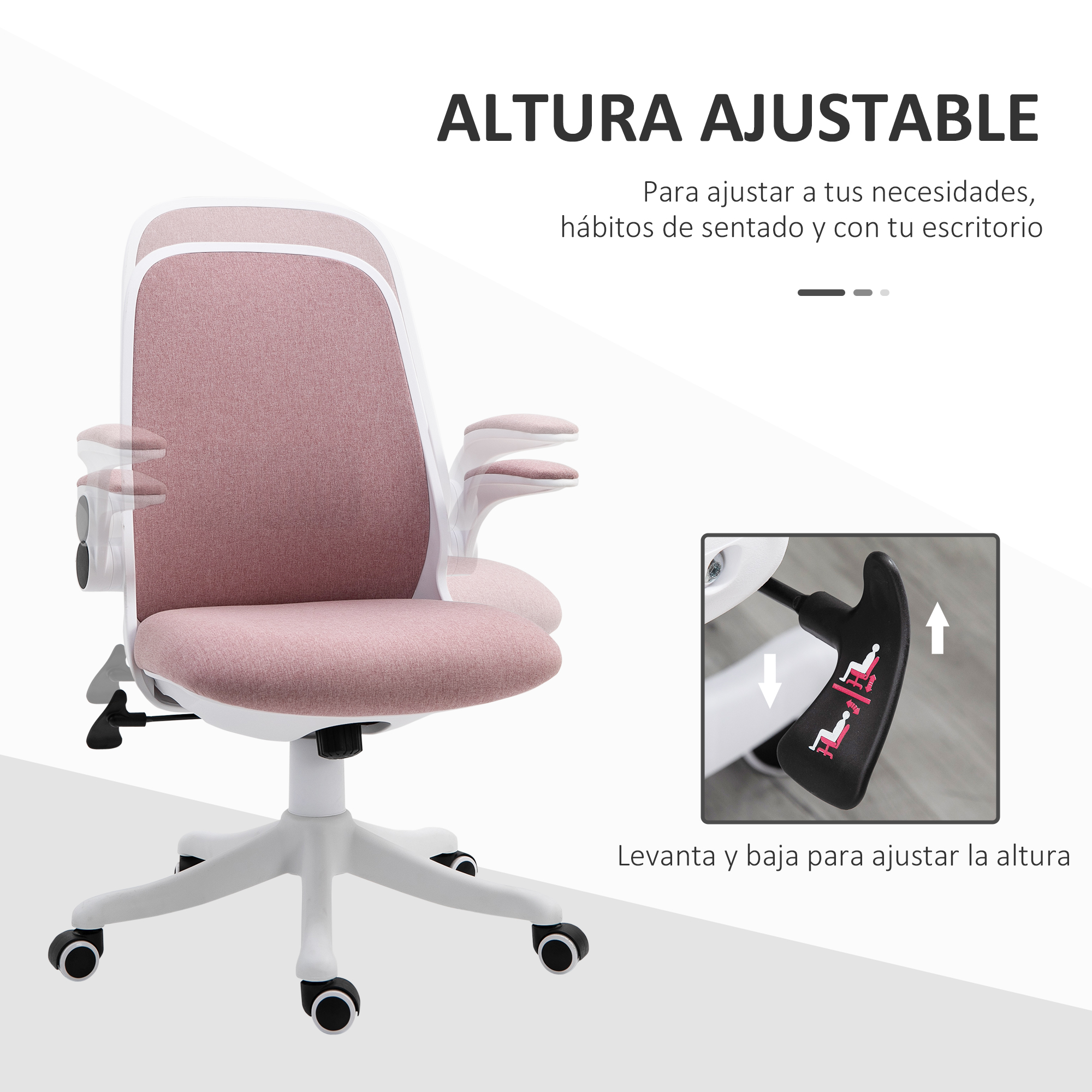 Silla de oficina rosa y blanca con altura ajustable. El mecanismo se muestra en primer plano.