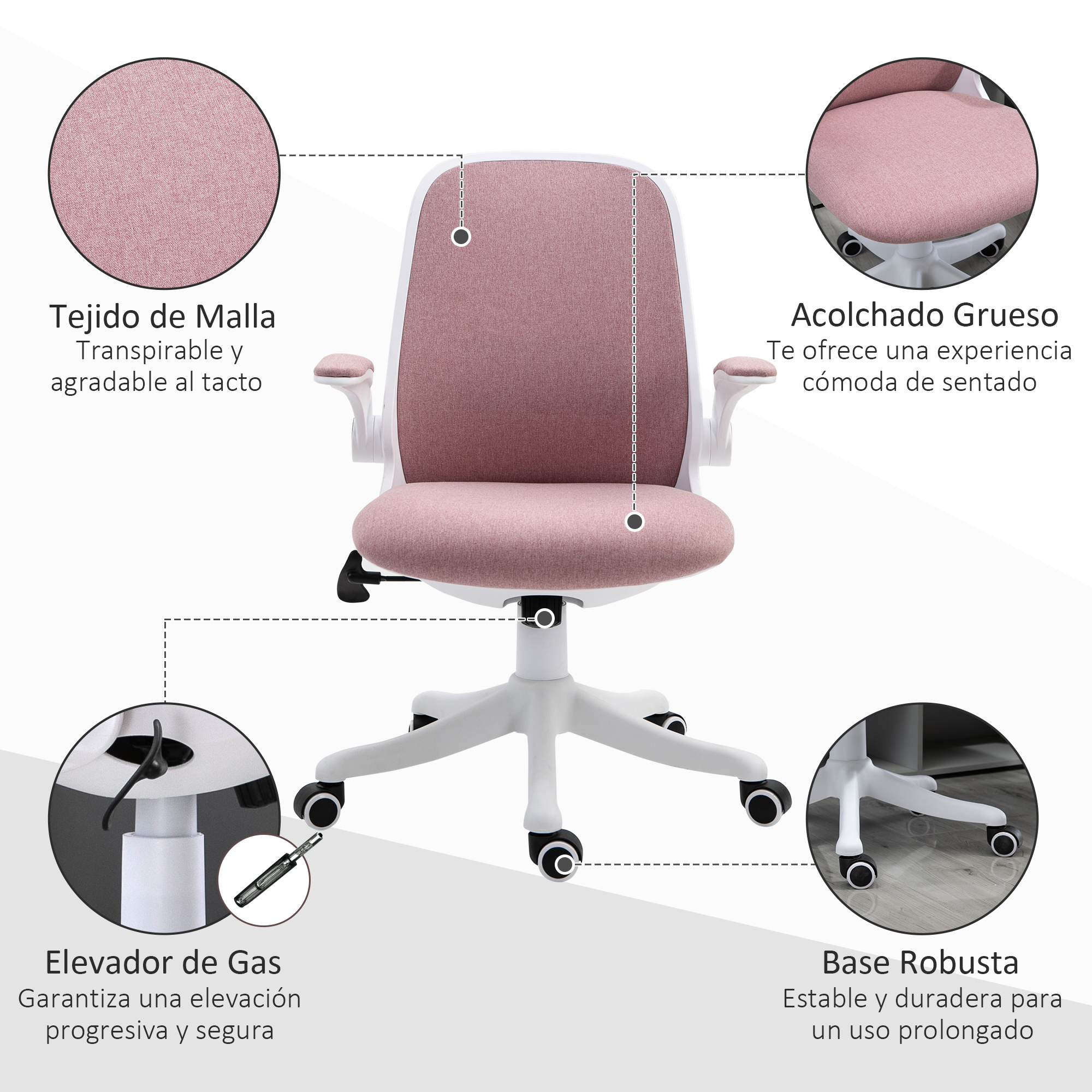 Silla de oficina rosa con estructura blanca. Características: respaldo de malla, cojín grueso, elevador de gas y base robusta.